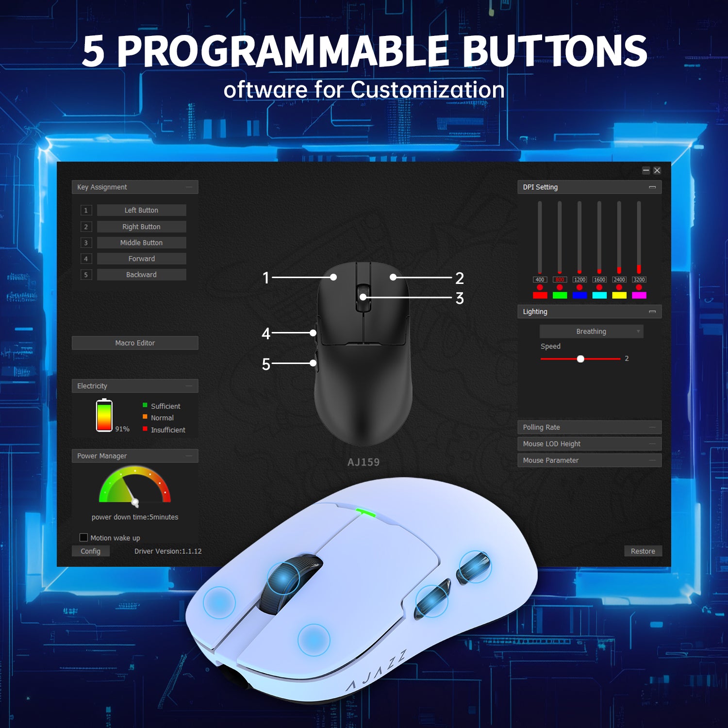ATTACK SHARK AJ159P gaming mouse software showing key assignment, DPI settings, and power management.