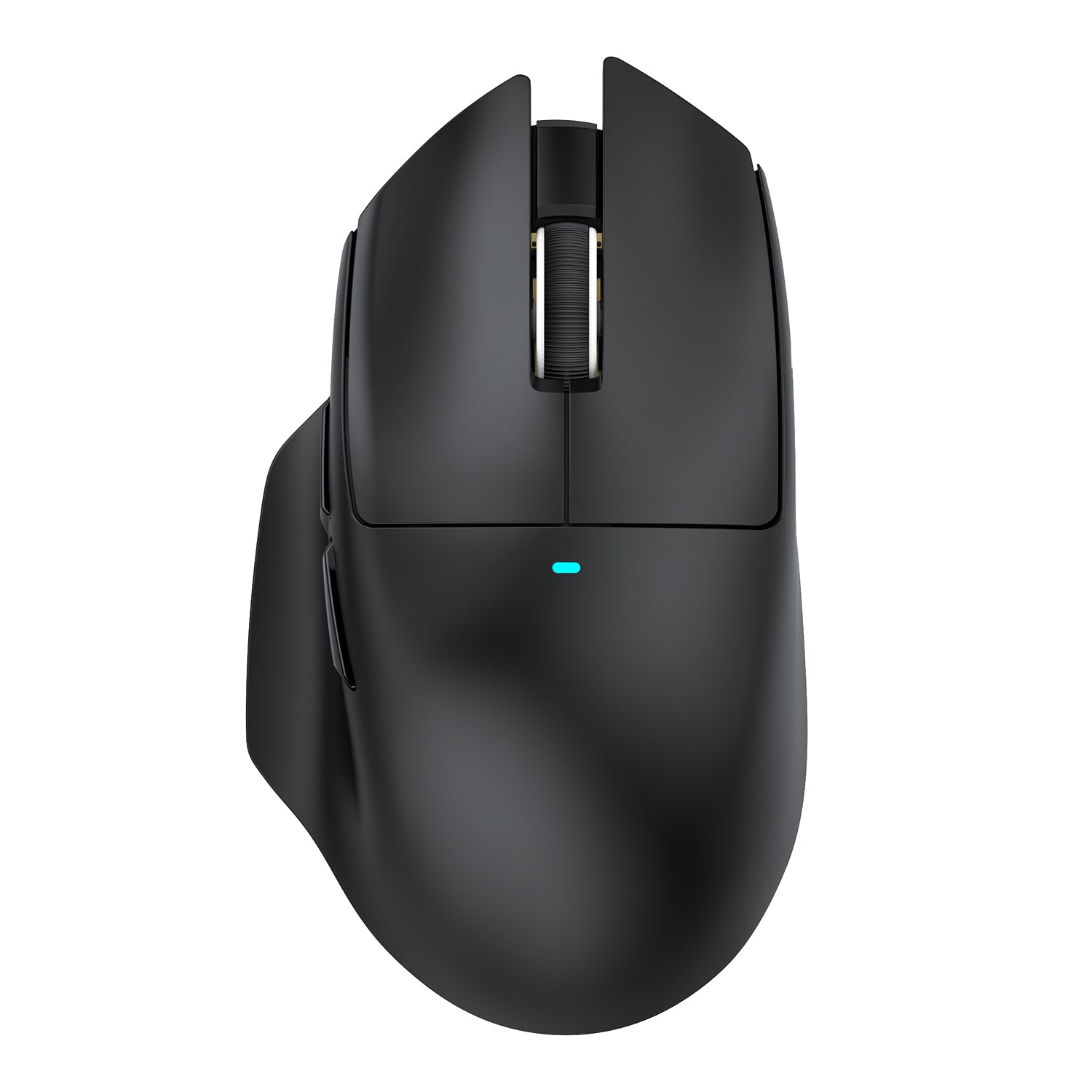 ATTACK SHARK V6 Ultra-Light Gaming Mouse in matte black with textured scroll wheel and blue indicator light.