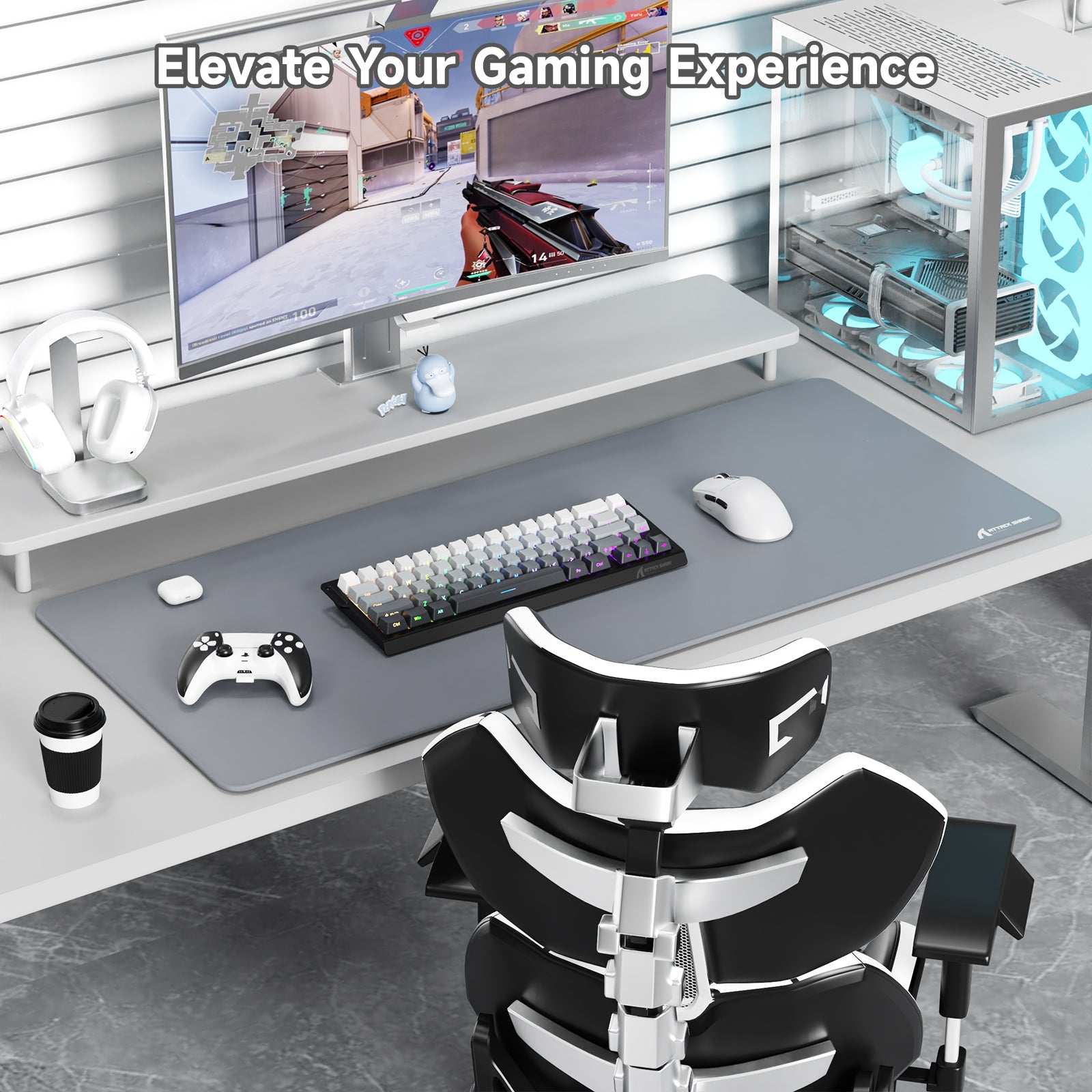 Grey ATTACK SHARK CM02PRO gaming mousepad on a clean gaming desk setup