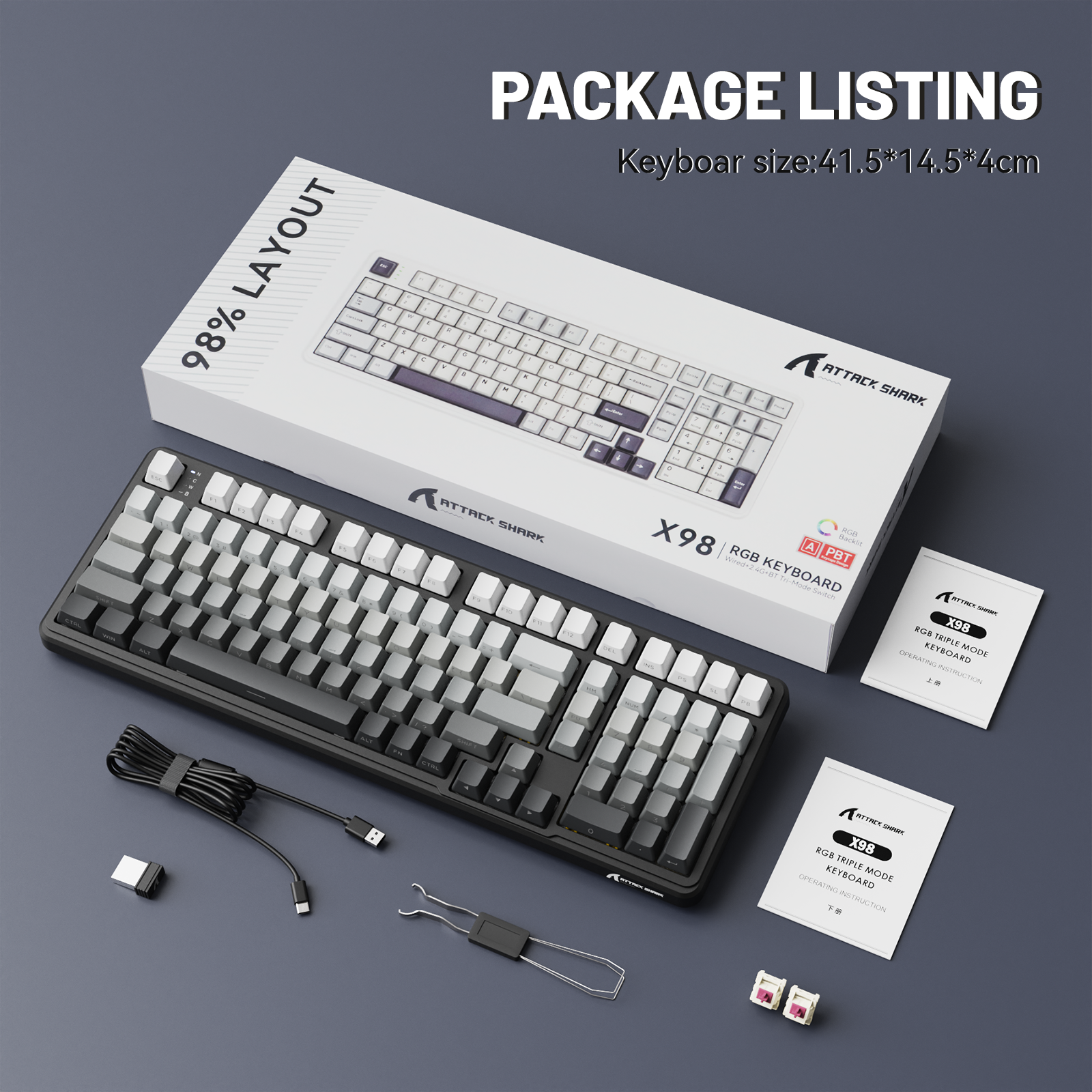 Attack Shark X98 full-size wireless mechanical keyboard with RGB backlighting and accessories.