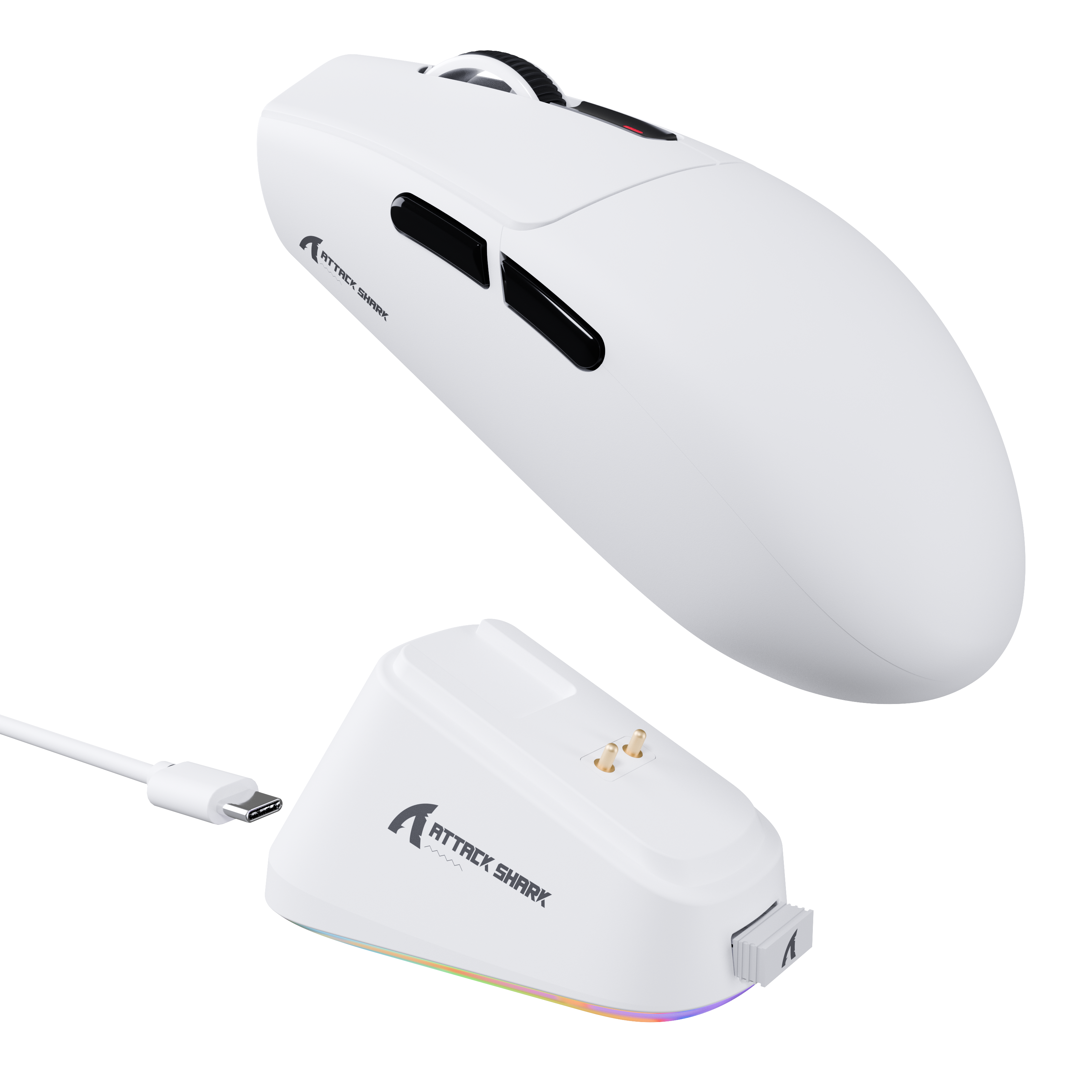 ATTACK SHARK G3PRO wireless gaming mouse with charging dock. White gaming mouse with black accents and RGB charging base