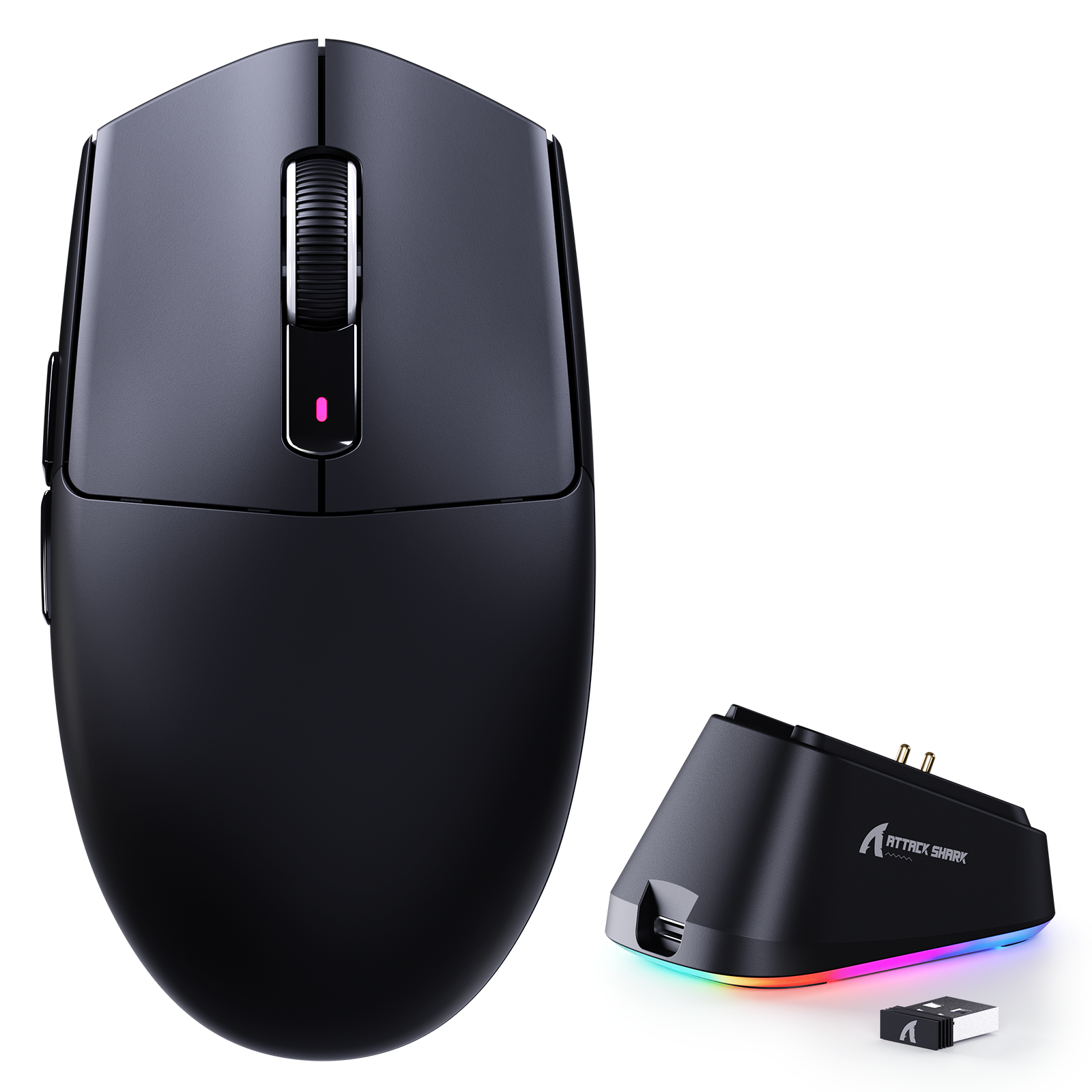 Black Attack Shark wireless gaming mouse with pink LED, paired with RGB charging dock and USB receiver.