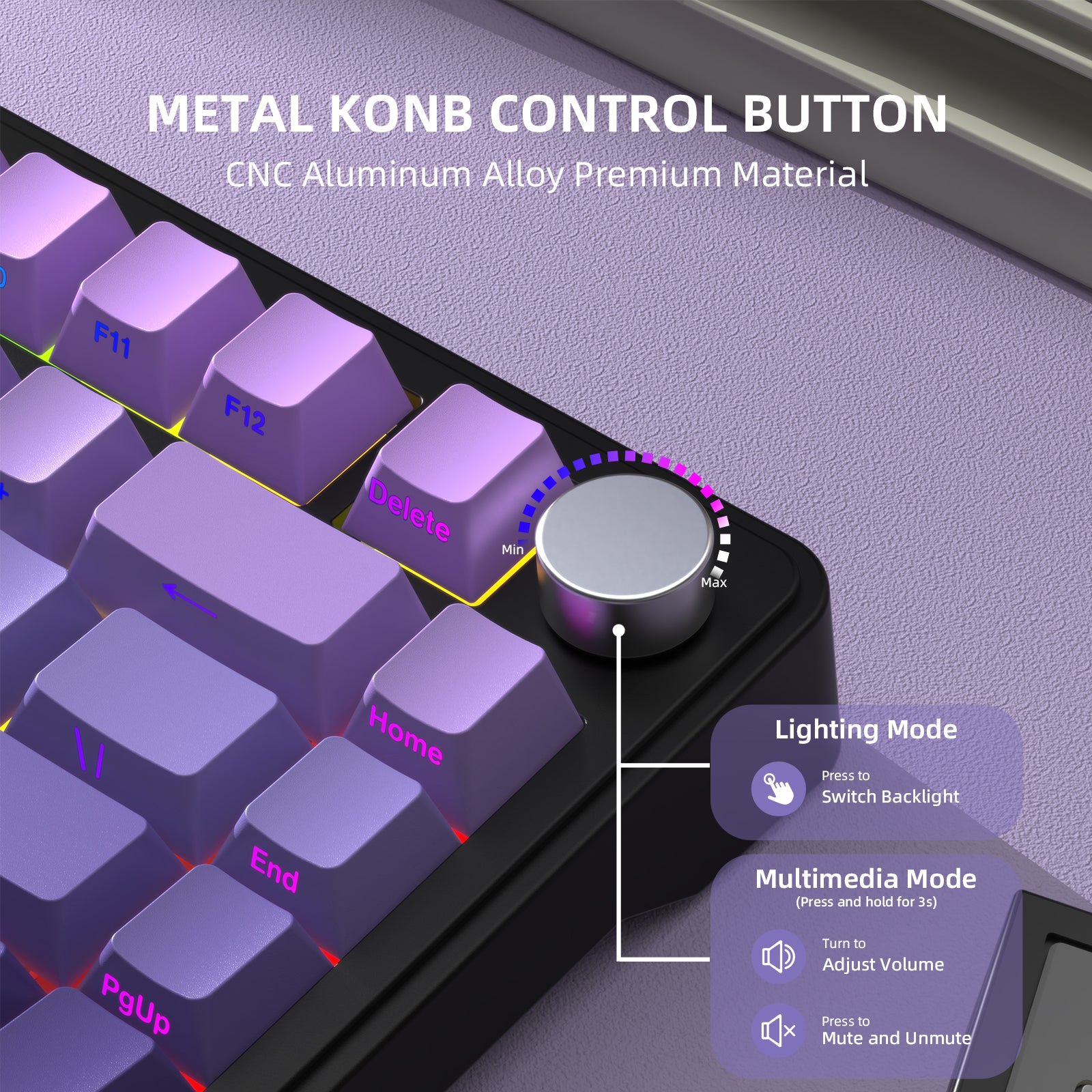 ATTACK SHARK X85 keyboard details: CNC aluminum alloy volume knob, lighting control, and multimedia functions.