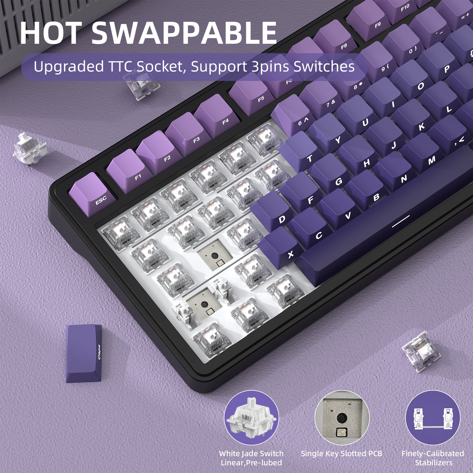 ATTACK SHARK X85 Hot-Swappable Mechanical Keyboard with gradient keycaps, TTC sockets, White Jade switches.
