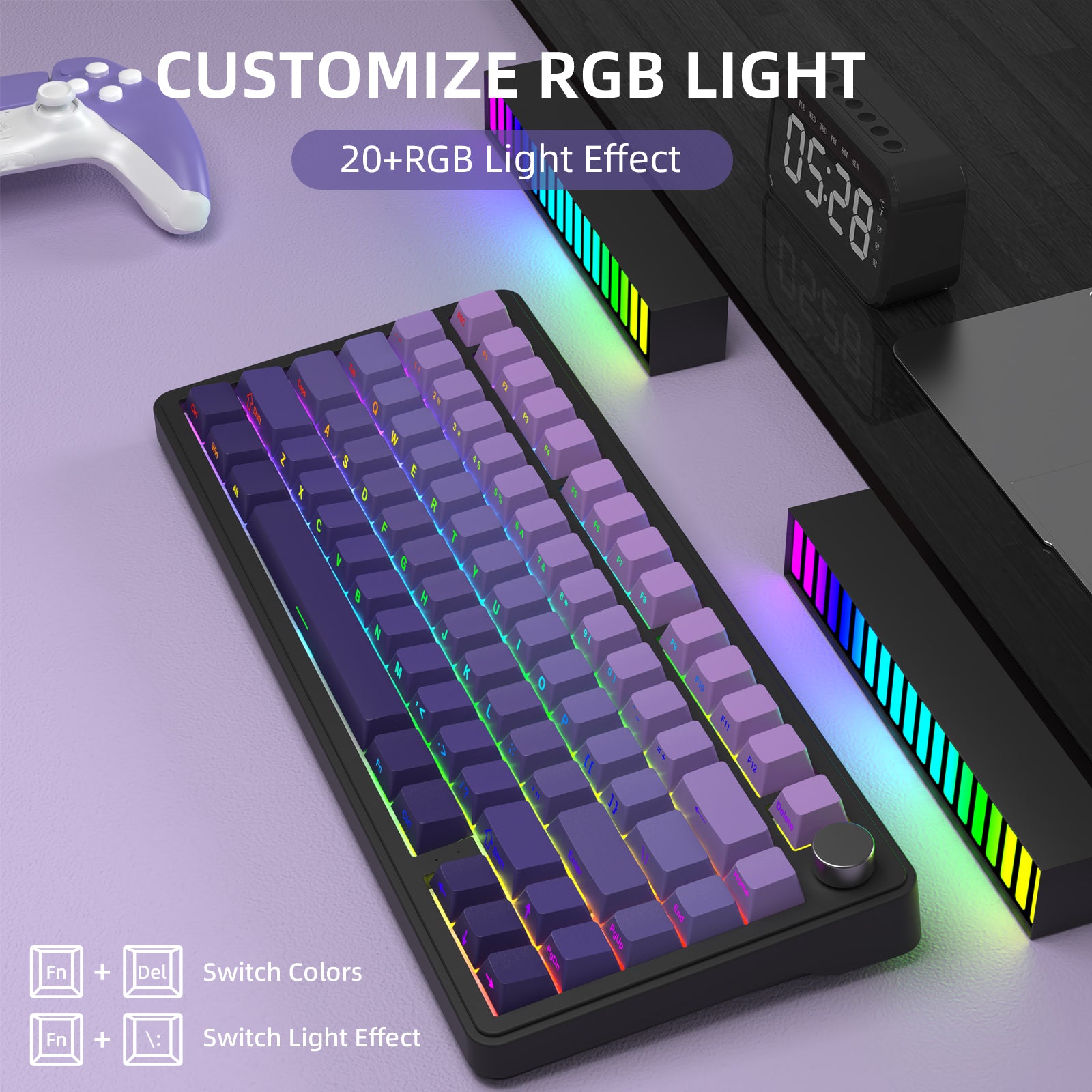 ATTACK SHARK X85 RGB mechanical keyboard with gradient keycaps and volume knob, customizable RGB lighting.
