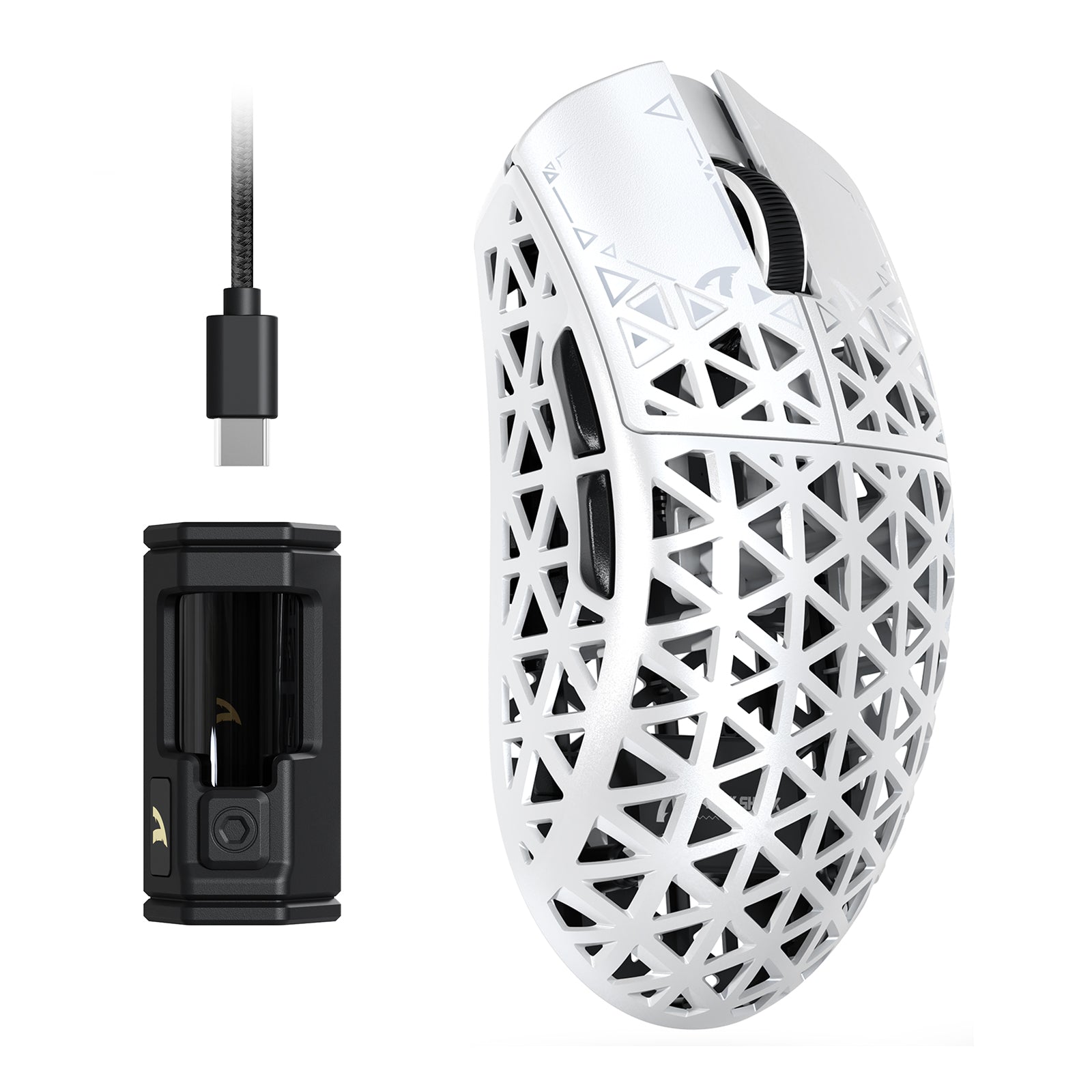 ATTACK SHARK R5 Ultra white carbon fiber gaming mouse with 8K wireless, USB-C cable, and receiver