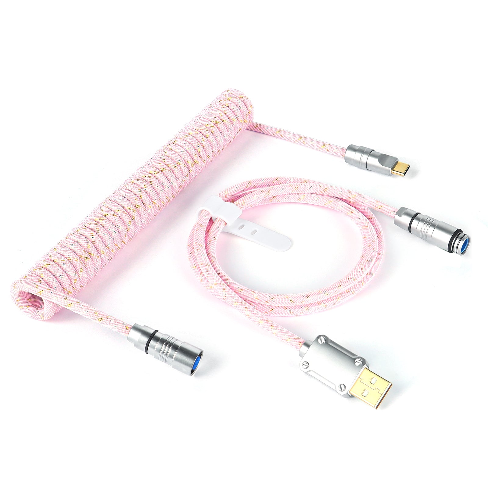 Pink coiled USB-C cable with gold flecks and silver aviation connectors, compatible with keyboards and phones.
