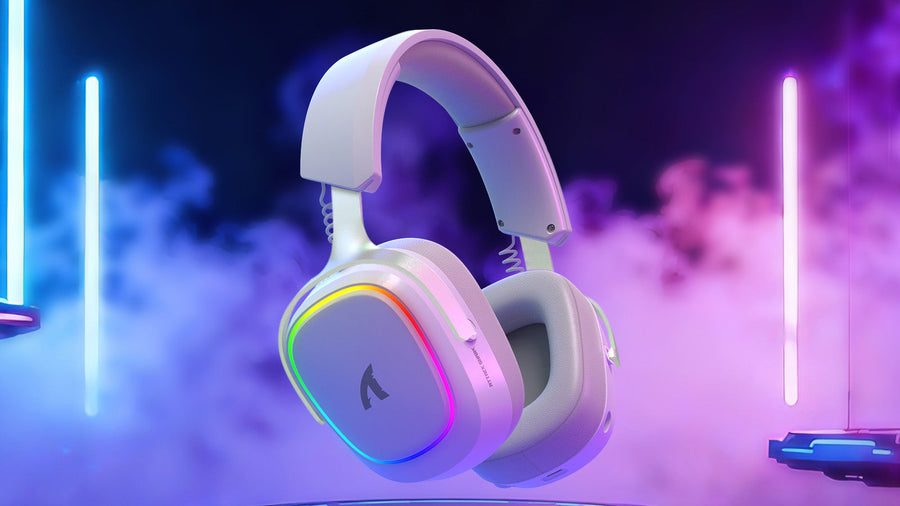 White RGB wireless gaming headset displayed with purple neon esports lighting