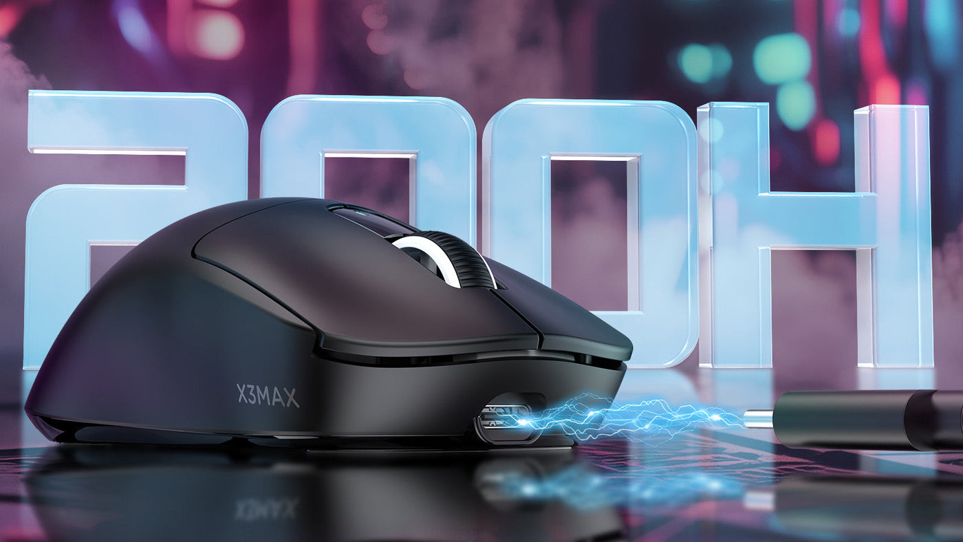 Black wireless gaming mouse displayed against a high refresh rate esports background