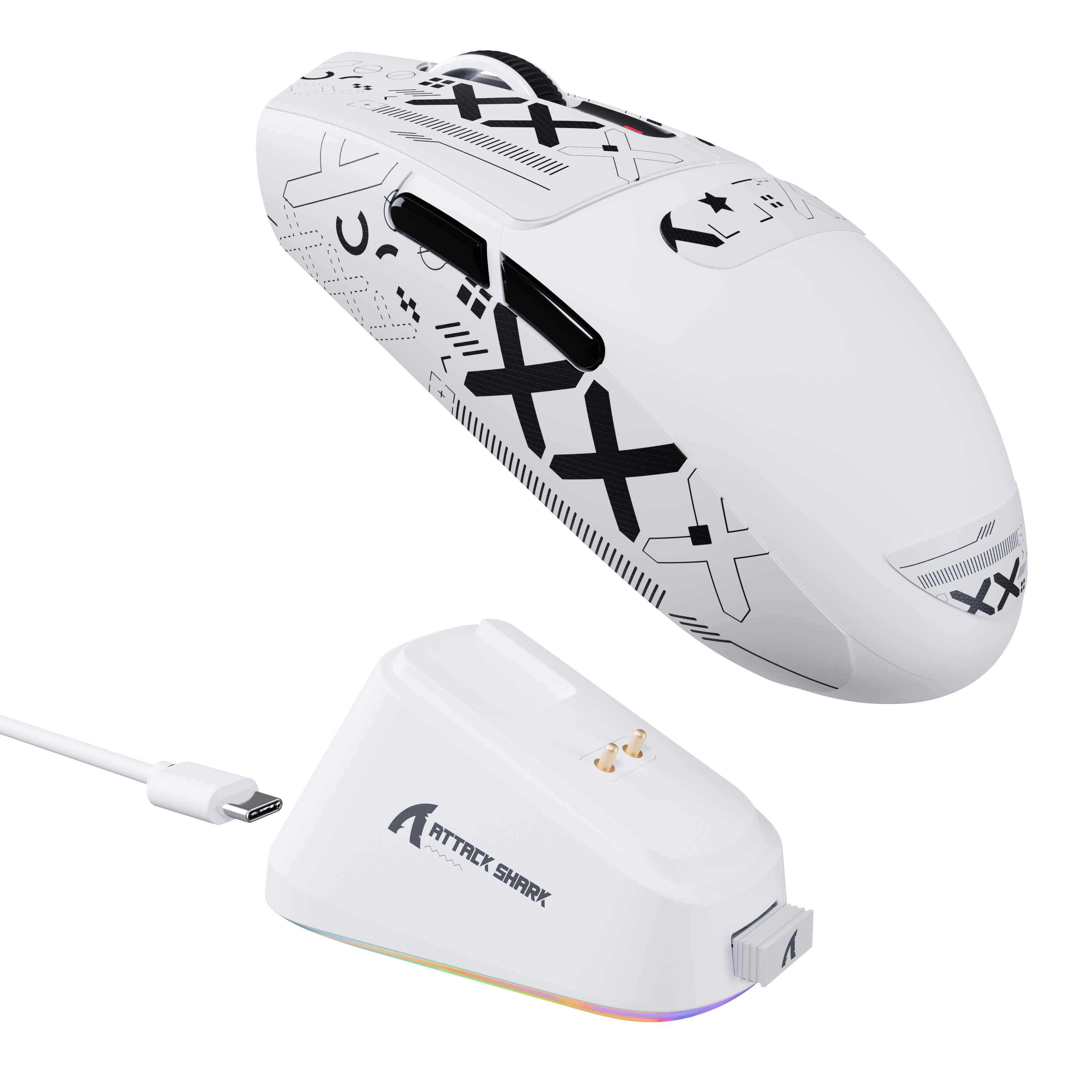 ATTACK SHARK G3PRO wireless gaming mouse with charging dock, white, black pattern, USB-C cable