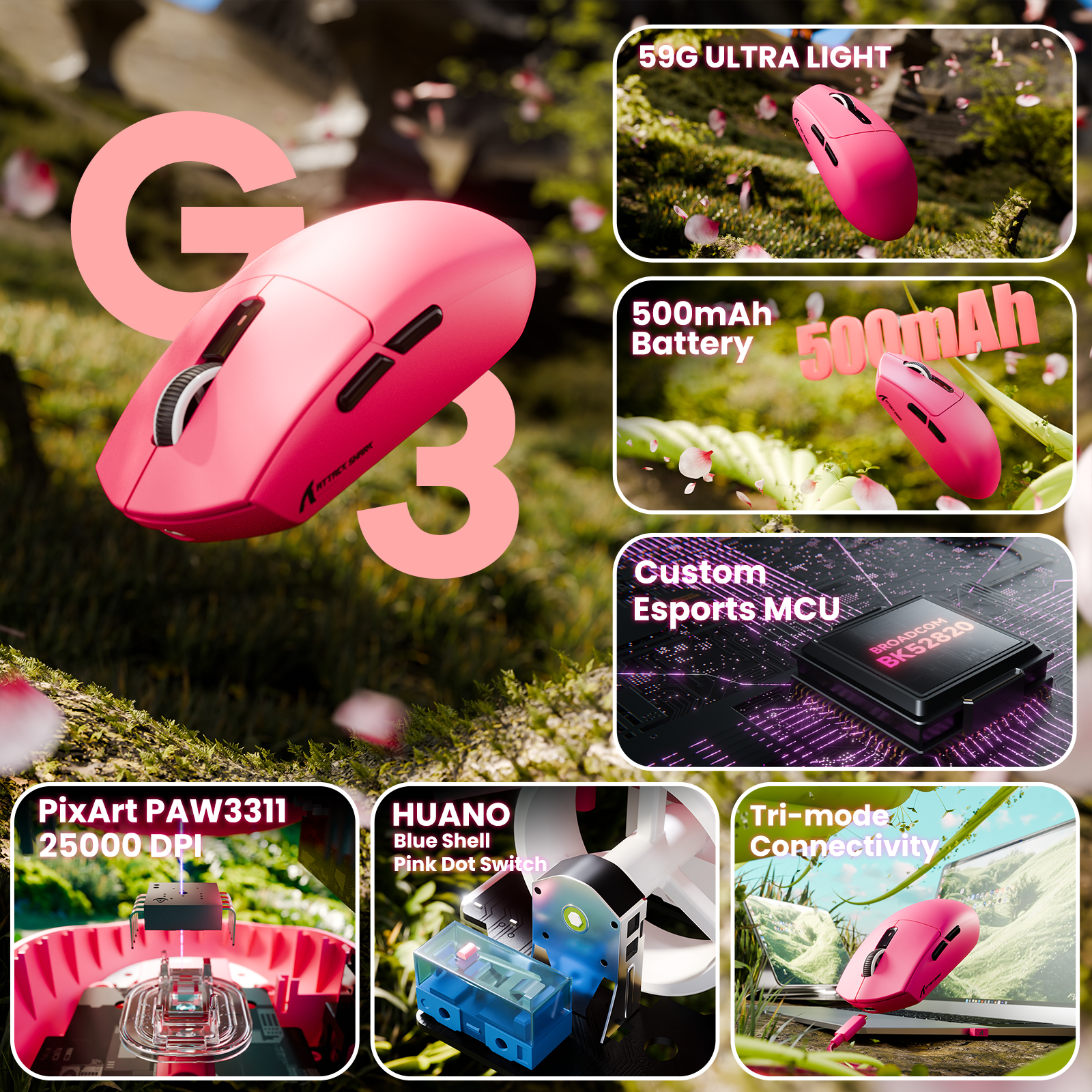 Souris de jeu sans fil tri-mode ATTACK SHARK G3 25 000 DPI ultra légère