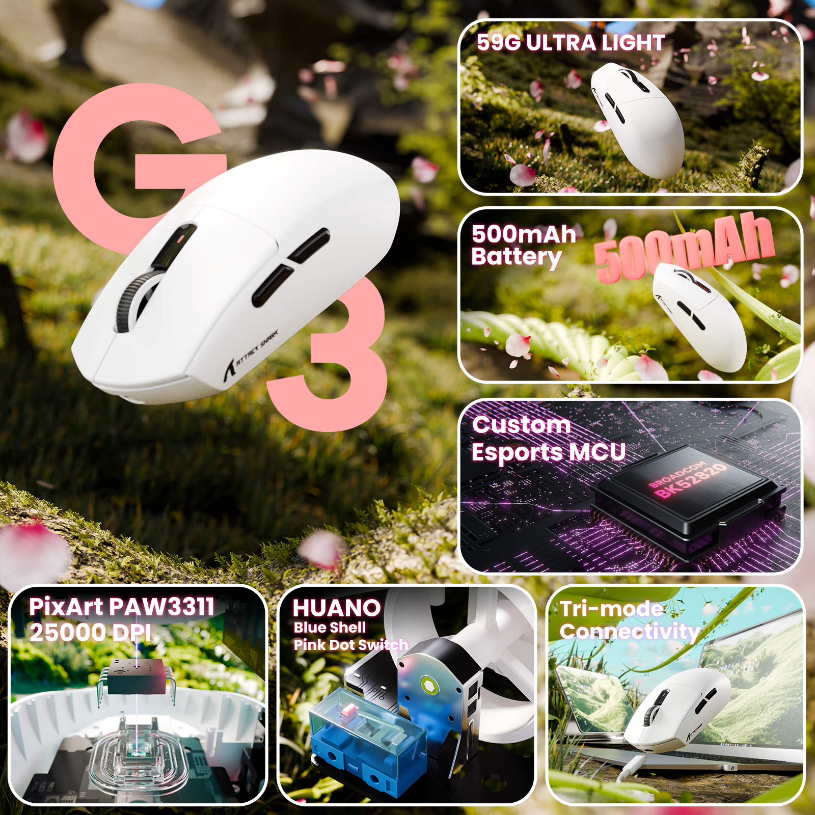 Souris de jeu sans fil tri-mode ATTACK SHARK G3 25 000 DPI ultra légère