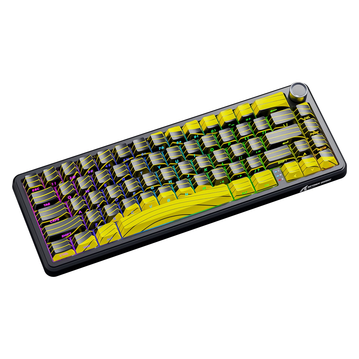 ATTACK SHARK X65PRO HE wireless gaming keyboard with yellow and black keycaps, RGB lighting, and a metal volume knob.