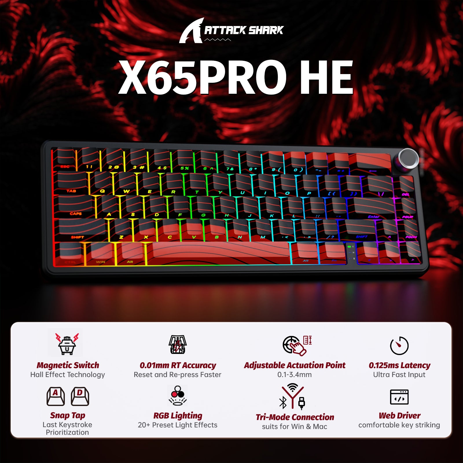 ATTACK SHARK X65PRO HE Clavier à déclenchement rapide sans fil avec switch magnétique