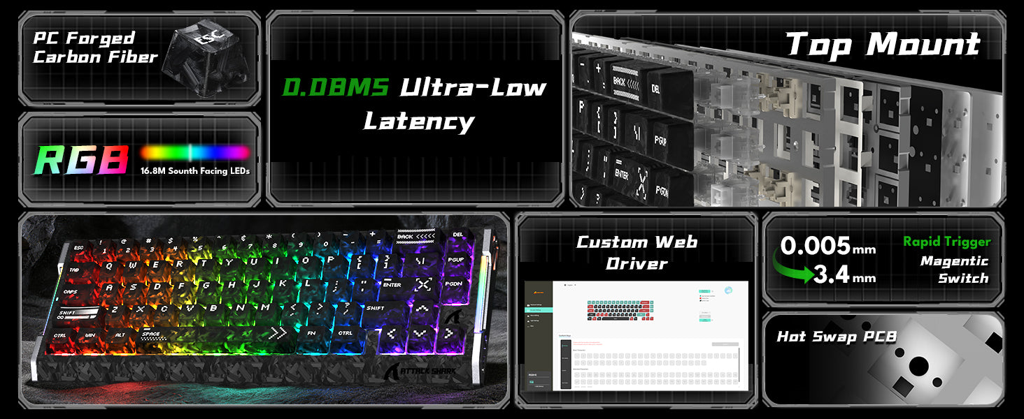 Clavier filaire à déclenchement rapide en fibre de carbone ATTACK SHARK R68 HE avec interrupteur magnétique et câble RGB en spirale C01 Ultra