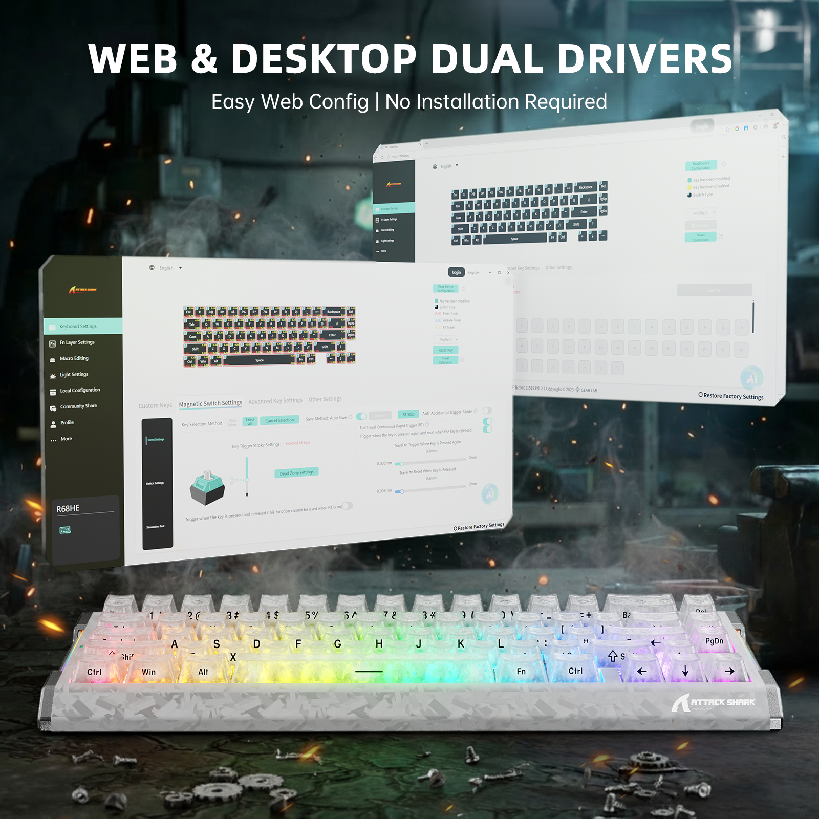 Clavier ATTACK SHARK R68 HE en fibre de carbone avec interrupteurs magnétiques à déclenchement rapide