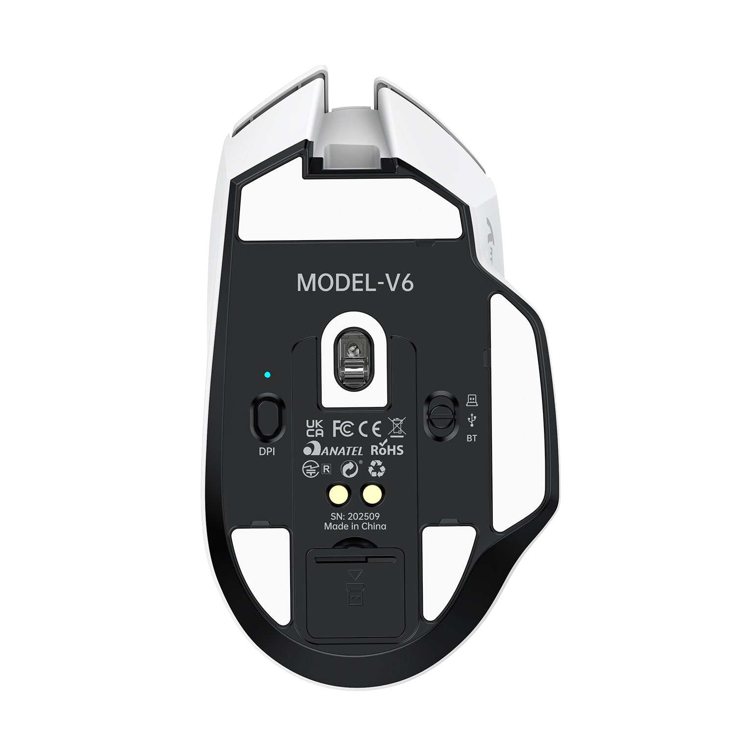 ATTACK SHARK V6 gaming mouse underside, white and black design, "MODEL-V6" text, BT, DPI, SN: 202509