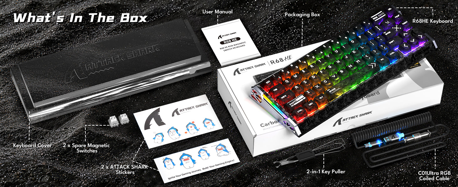 Clavier filaire à déclenchement rapide en fibre de carbone ATTACK SHARK R68 HE avec interrupteur magnétique et câble RGB en spirale C01 Ultra