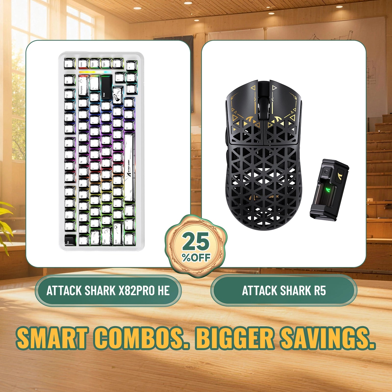Pack clavier ATTACK SHARK X82 PRO HE à déclenchement rapide + souris gaming sans fil R5 en fibre de carbone