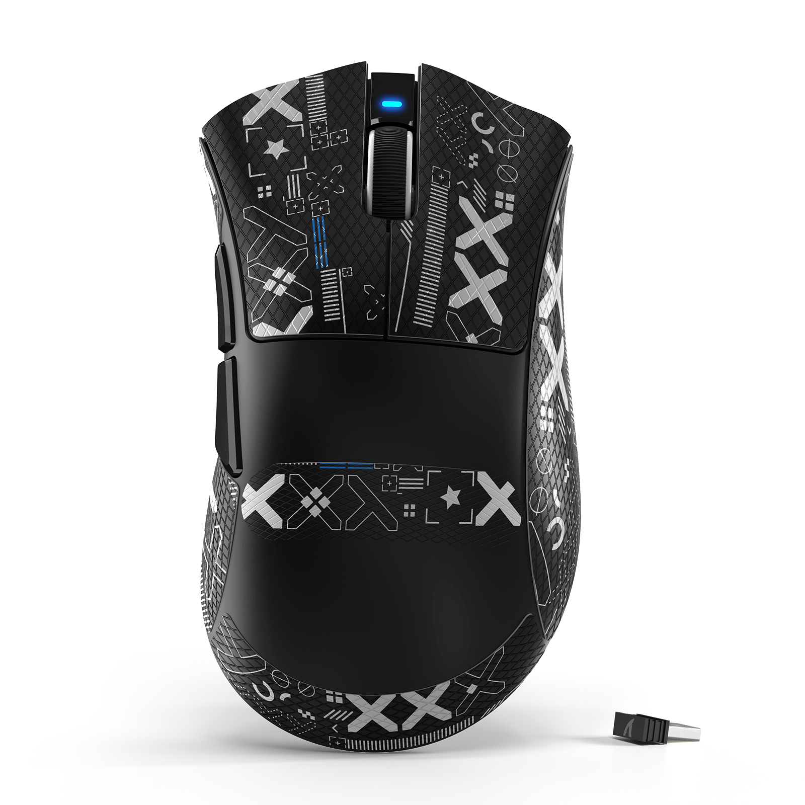 ATTACK SHARK V3 tri-mode gaming mouse, black with white graphic pattern and blue LED.