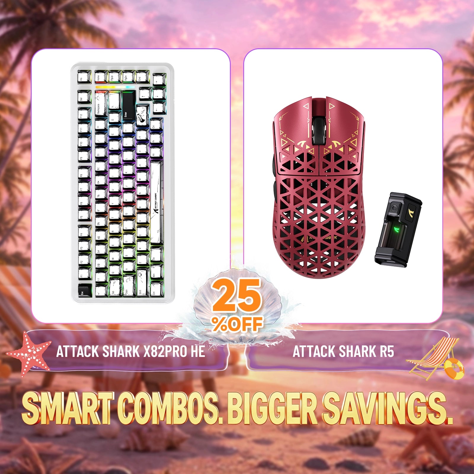 Pack clavier à déclenchement rapide ATTACK SHARK X82PRO HE + souris gaming sans fil en fibre de carbone R5