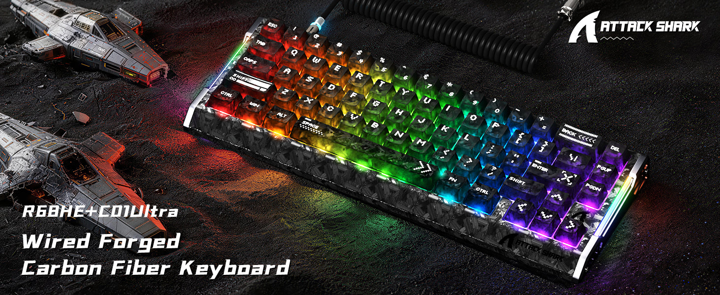 Clavier filaire à déclenchement rapide en fibre de carbone ATTACK SHARK R68 HE avec interrupteur magnétique et câble RGB en spirale C01 Ultra
