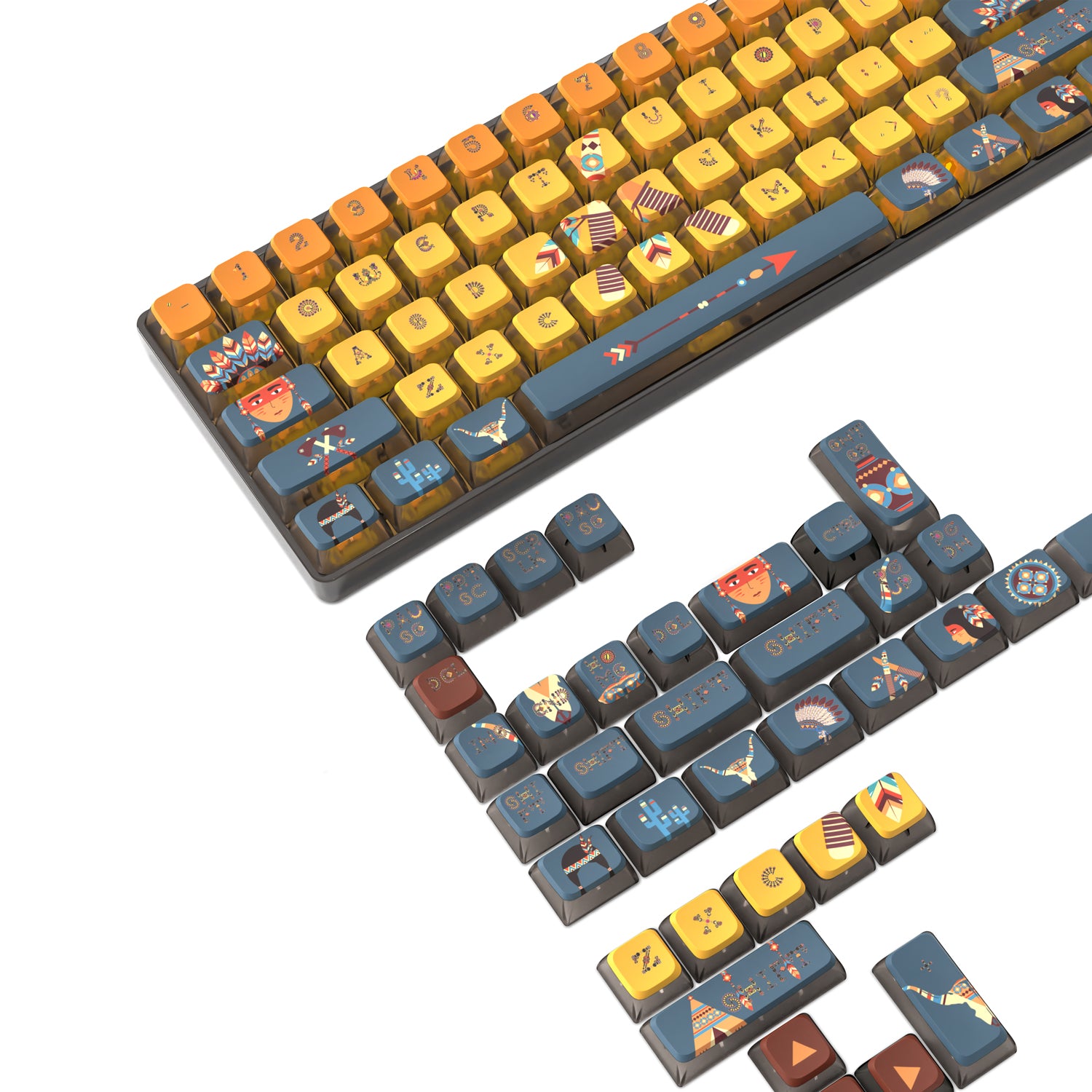 ATTACK SHARK 120 Keys PBT dye-sublimation pudding keycaps with Native American inspired designs.