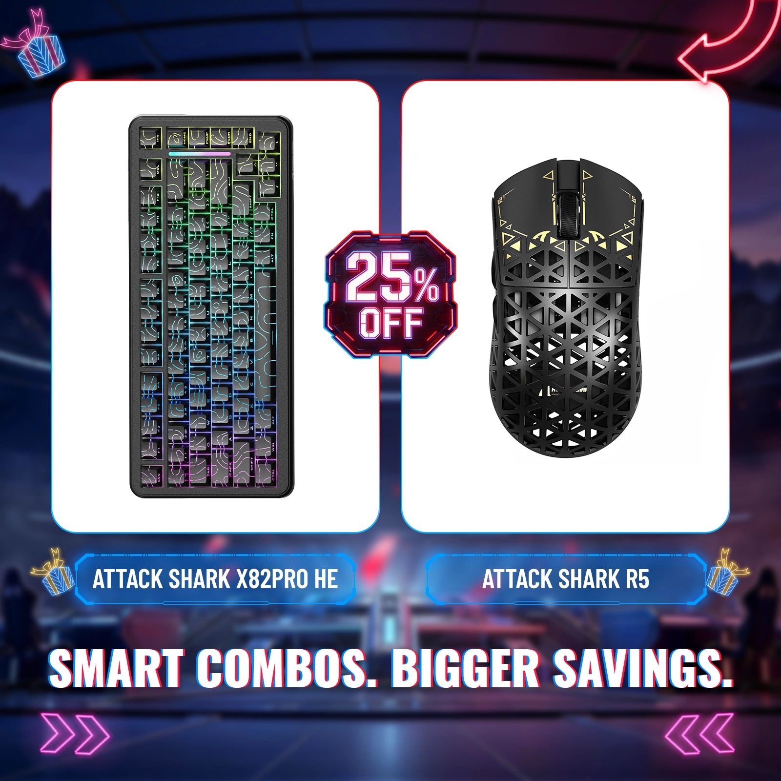 Pack clavier ATTACK SHARK X82PRO HE à déclenchement rapide et souris de jeu sans fil en fibre de carbone R5