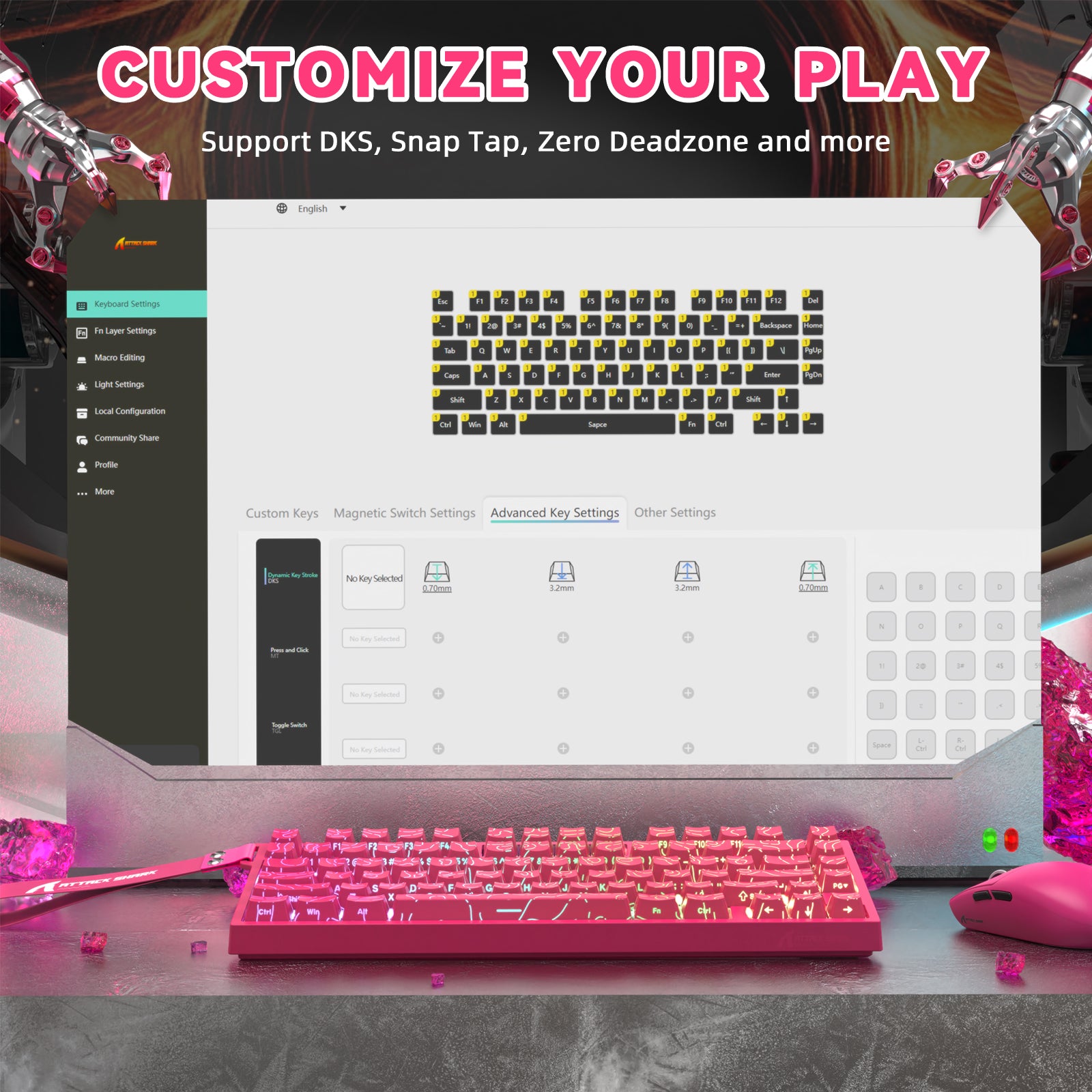 Pink gaming keyboard advanced settings software, supporting DKS and zero deadzone customization.