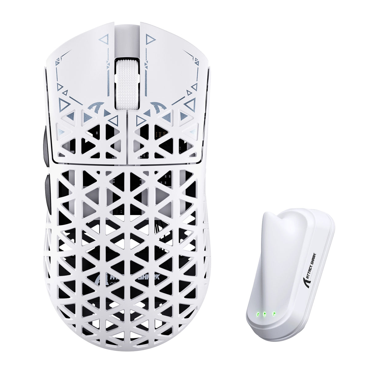 ATTACK SHARK R5 TURBO in White, top view with wireless charging dock