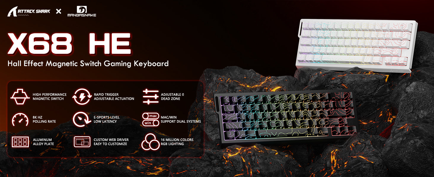 Clavier à déclenchement rapide ATTACK SHARK X68 HE avec interrupteur magnétique et câble spiralé C01PRO