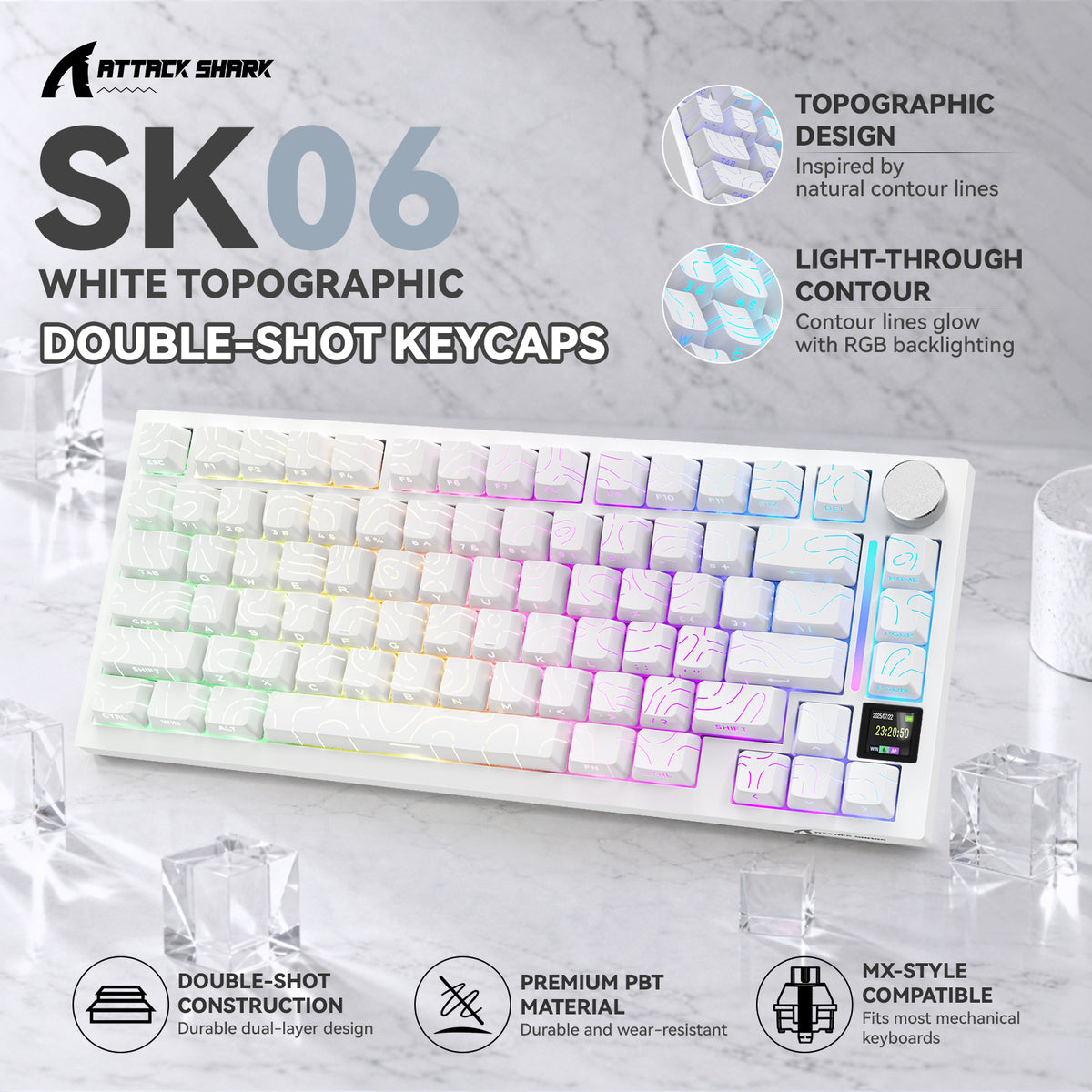 ATTACK SHARK SK06, 135 touches, touches translucides, ANSI/ISO