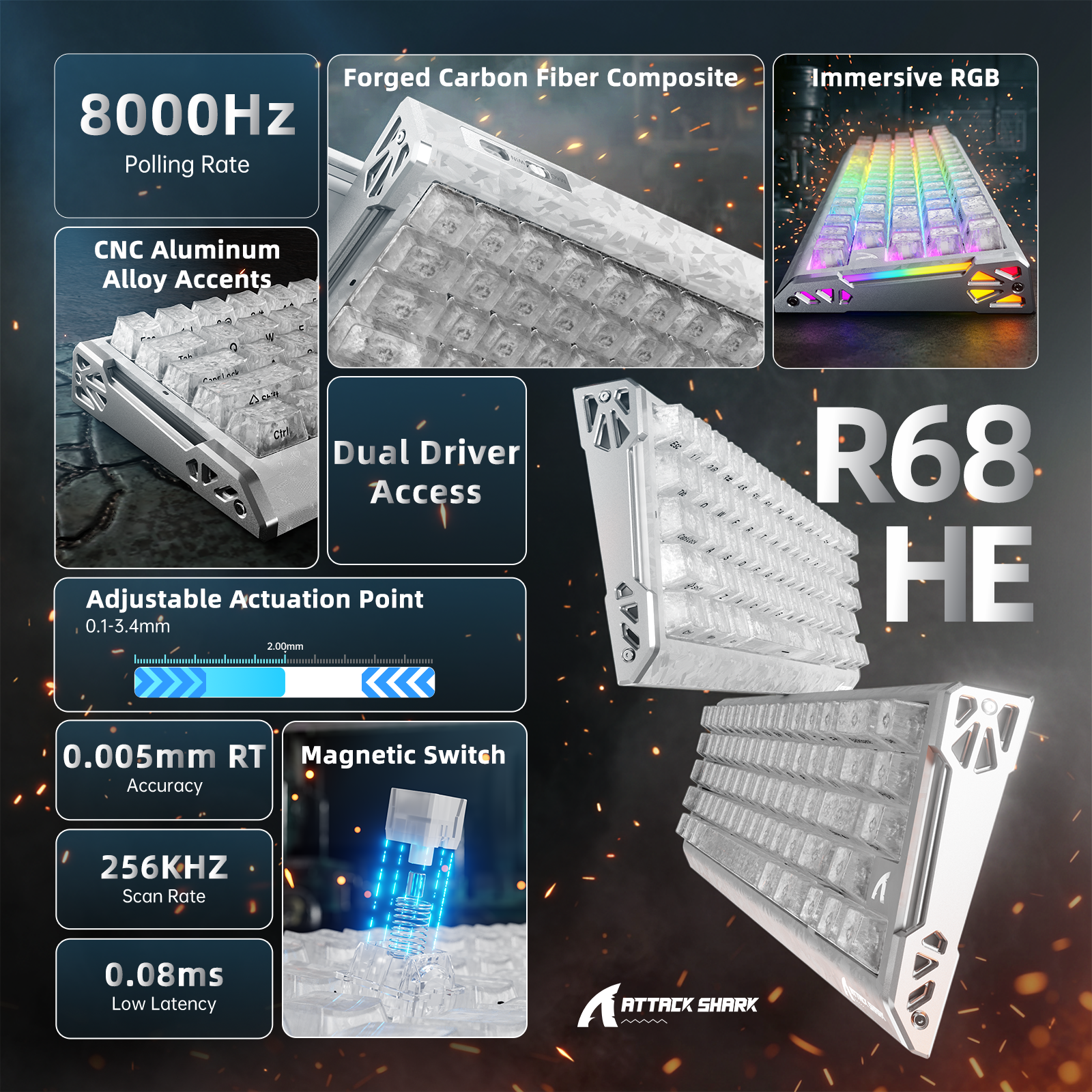 Clavier ATTACK SHARK R68 HE en fibre de carbone avec interrupteurs magnétiques à déclenchement rapide