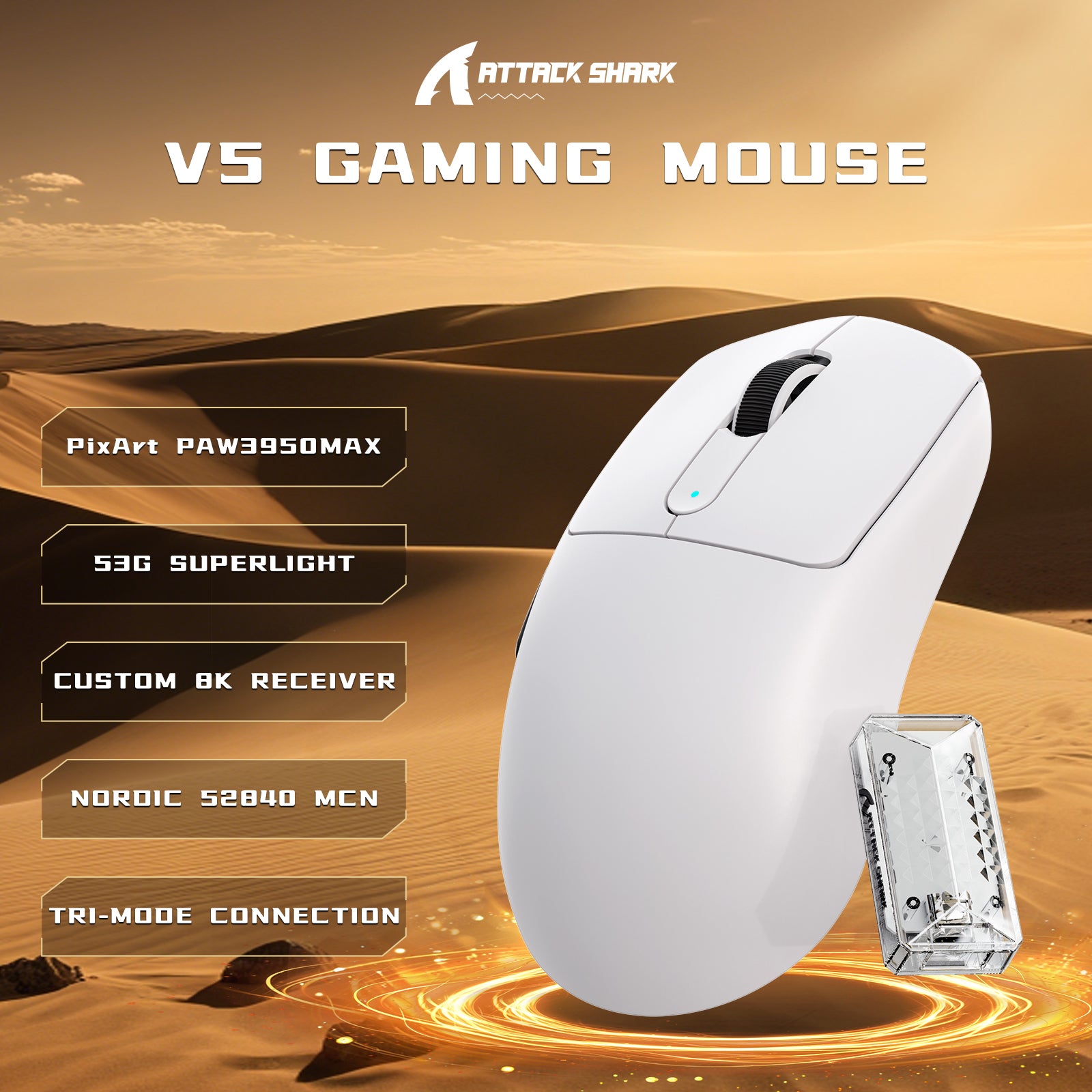Souris de jeu sans fil ATTACK SHARK V5 8 kHz PAW3950MAX avec câble C06 Ultra