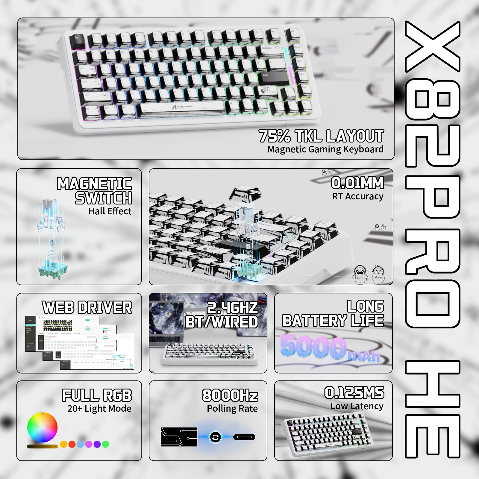 ATTACK SHARK X82PRO HE gaming keyboard, white 75% TKL layout, magnetic switch, RGB, 0.01mm RT, 8000Hz Polling Rate