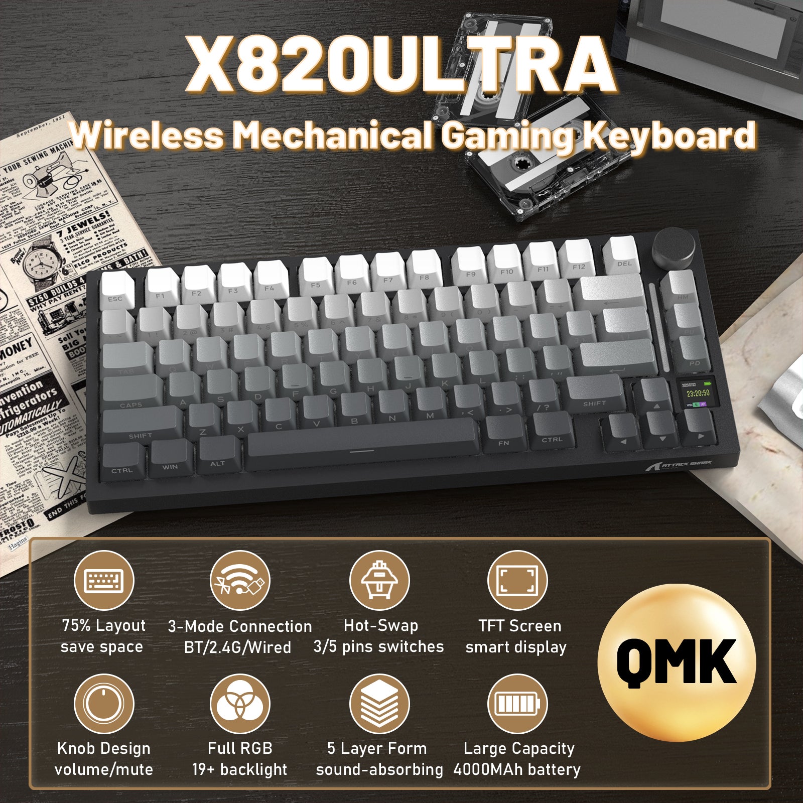 Clavier mécanique ATTACK SHARK X820ULTRA avec câble en spirale C01ULTRA