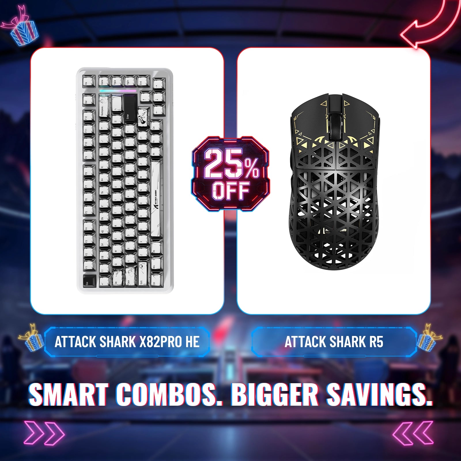 Pack clavier ATTACK SHARK X82PRO HE à déclenchement rapide et souris de jeu sans fil en fibre de carbone R5