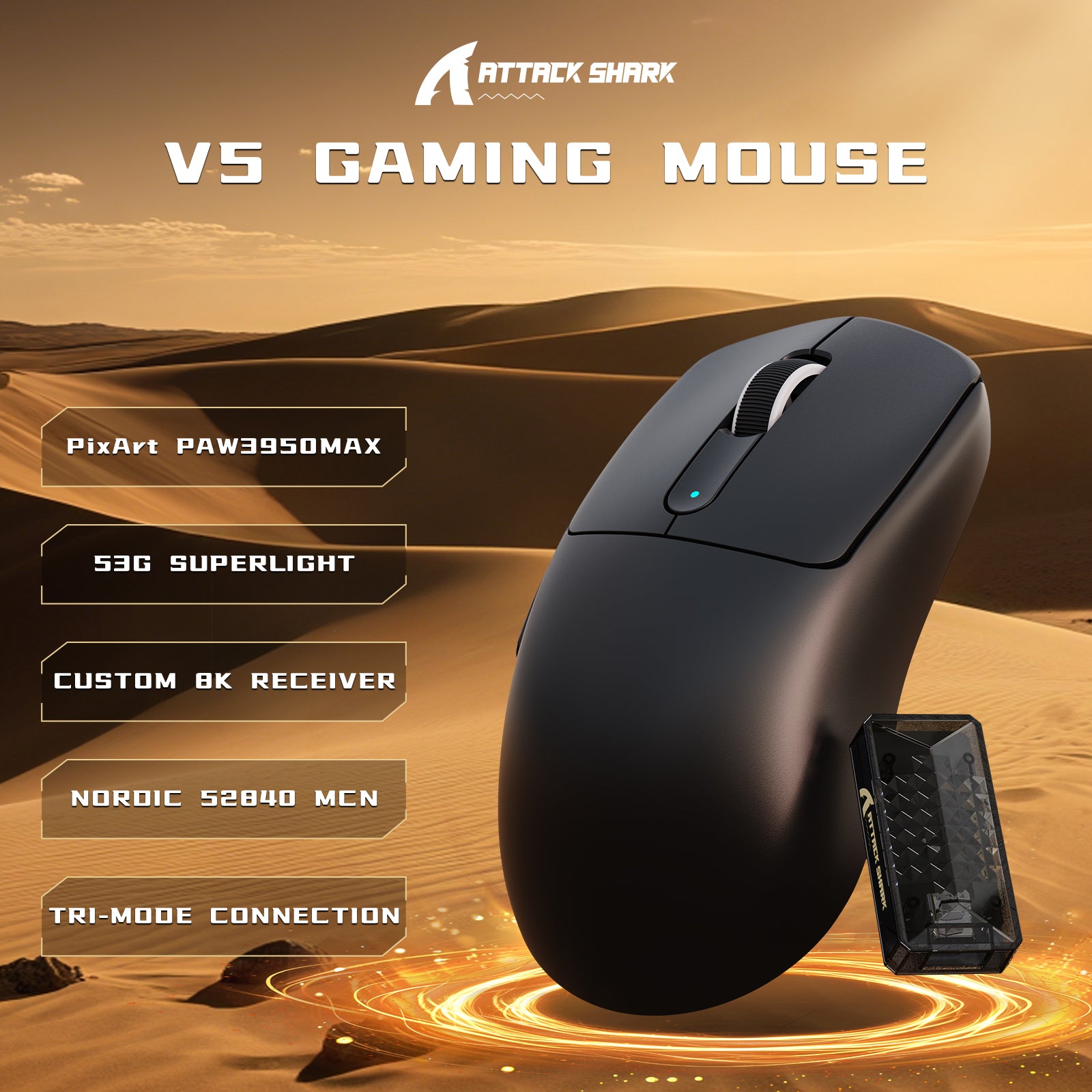 Souris de jeu sans fil ATTACK SHARK V5 8 kHz PAW3950MAX avec câble C06 Ultra