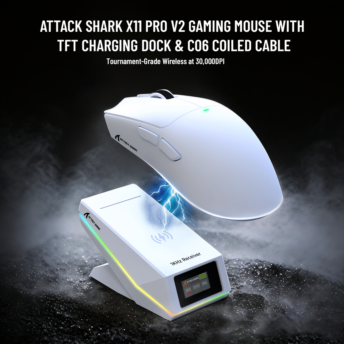 Souris de jeu sans fil ATTACK SHARK X11 PRO V2 avec écran TFT, station de charge et câble enroulé C06