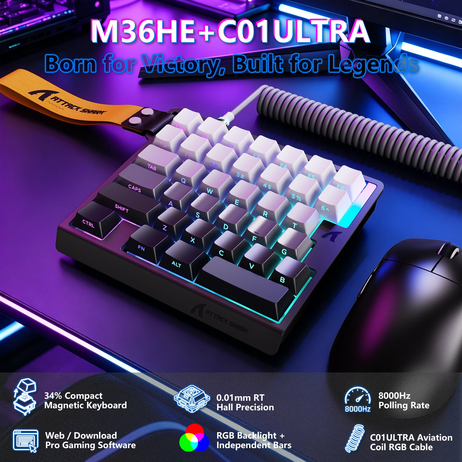 Clavier à interrupteur magnétique à une main ATTACK SHARK M36 HE & câble Aviateur LED ULTRA C01