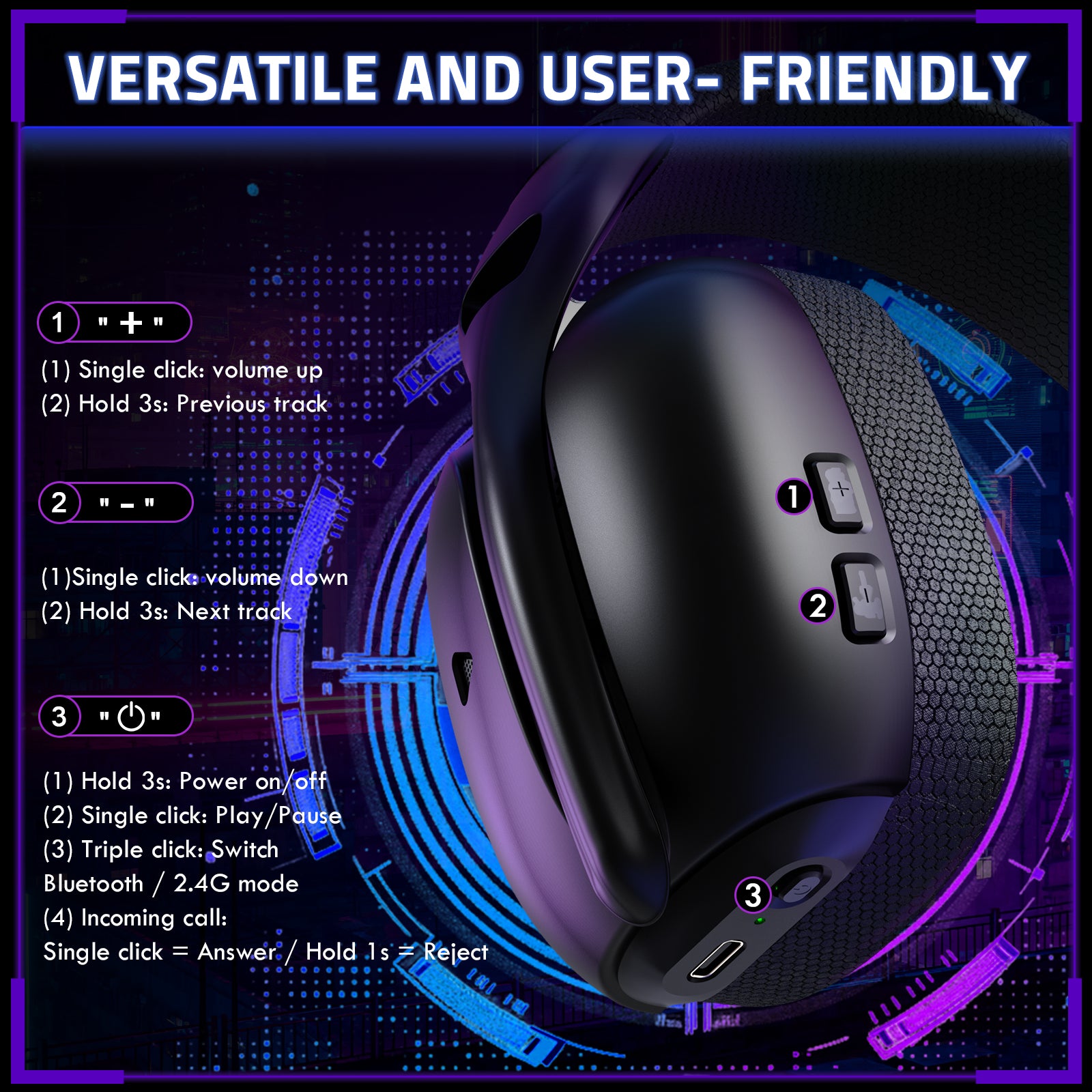 ATTACK SHARK L80PRO headset controls: volume up/down, track, power, play/pause, and Bluetooth/2.4G mode switch.