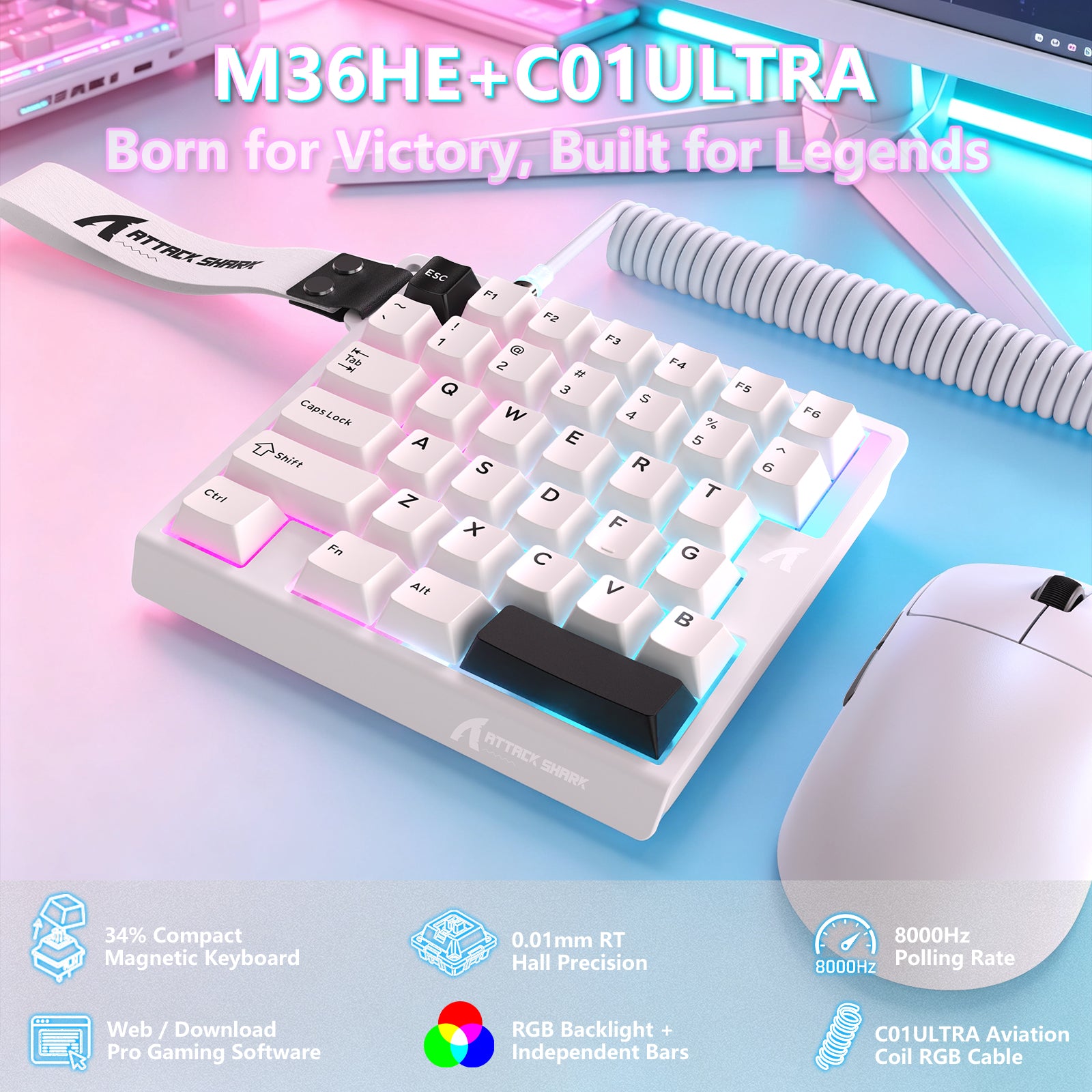 Clavier à interrupteur magnétique à une main ATTACK SHARK M36 HE & câble Aviateur LED ULTRA C01