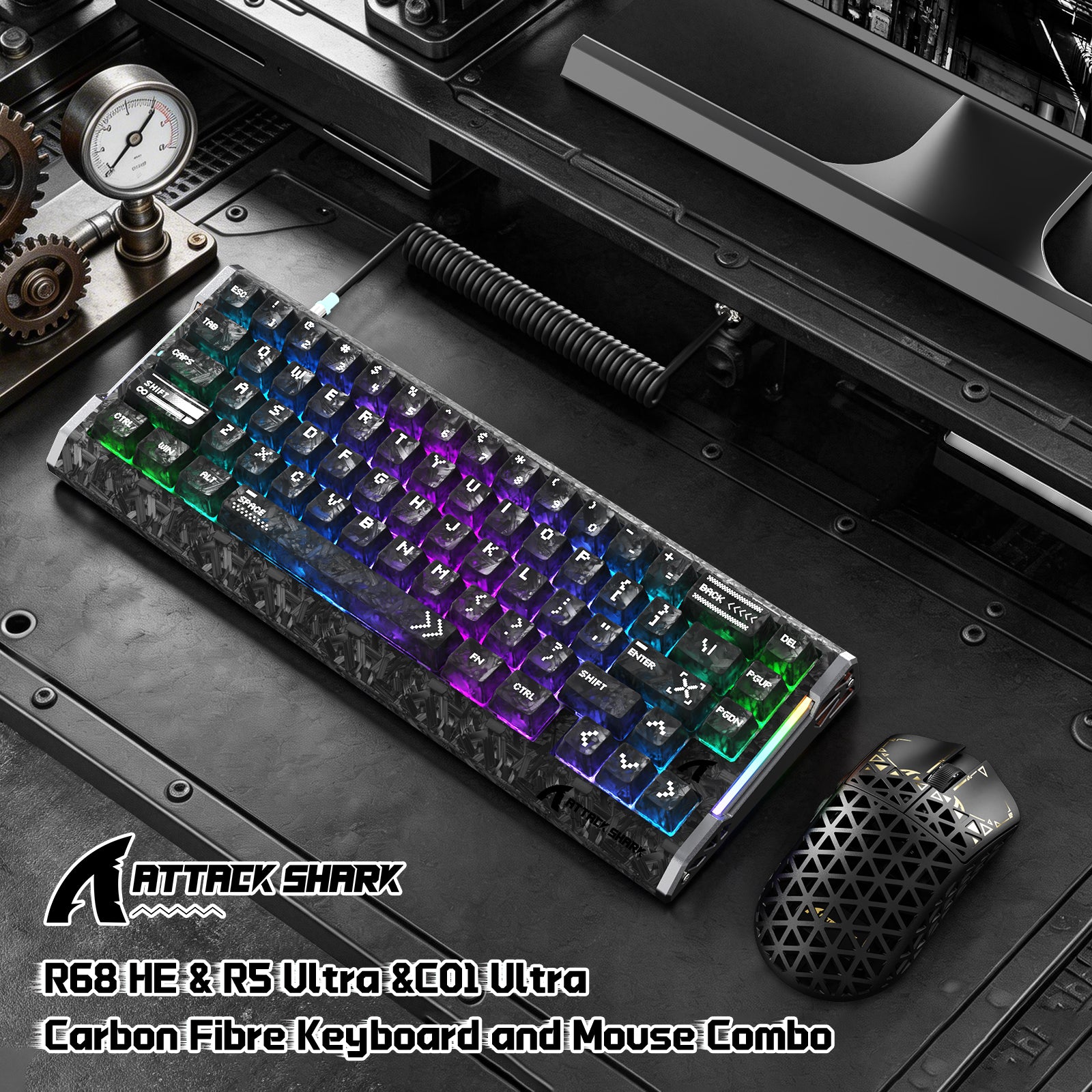 Pack gaming ATTACK SHARK R68 HE & R5 ULTRA en fibre de carbone avec câble enroulé Ultra C01
