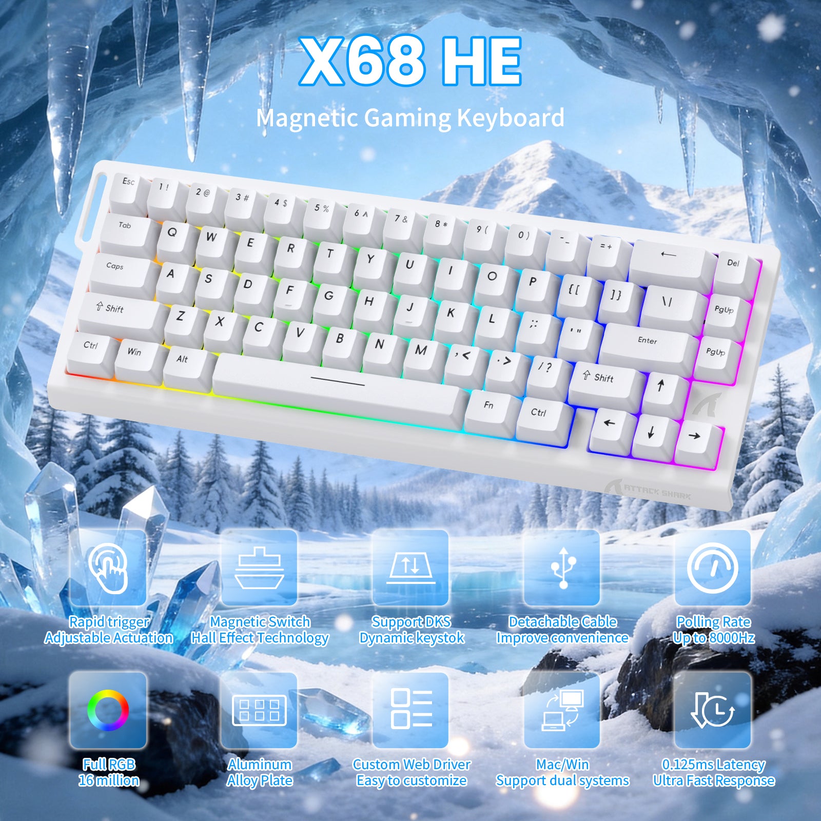 ATTACK SHARK X68 HE Clavier à déclenchement rapide avec switch magnétique et câble enroulé C01PRO