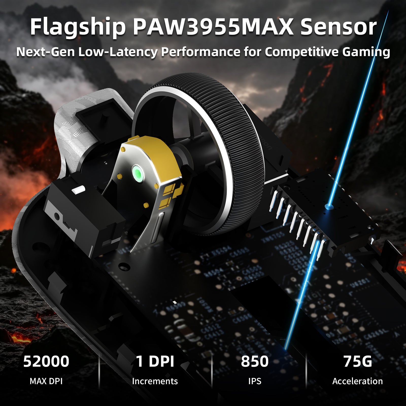 Souris de jeu sans fil ATTACK SHARK RS3 ULTRA en fibre de carbone PAW3955MAX avec câble LED Ultra C06
