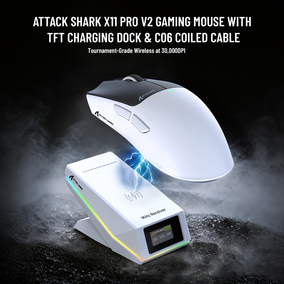 Souris de jeu sans fil ATTACK SHARK X11 PRO V2 avec écran TFT, station de charge et câble enroulé C06