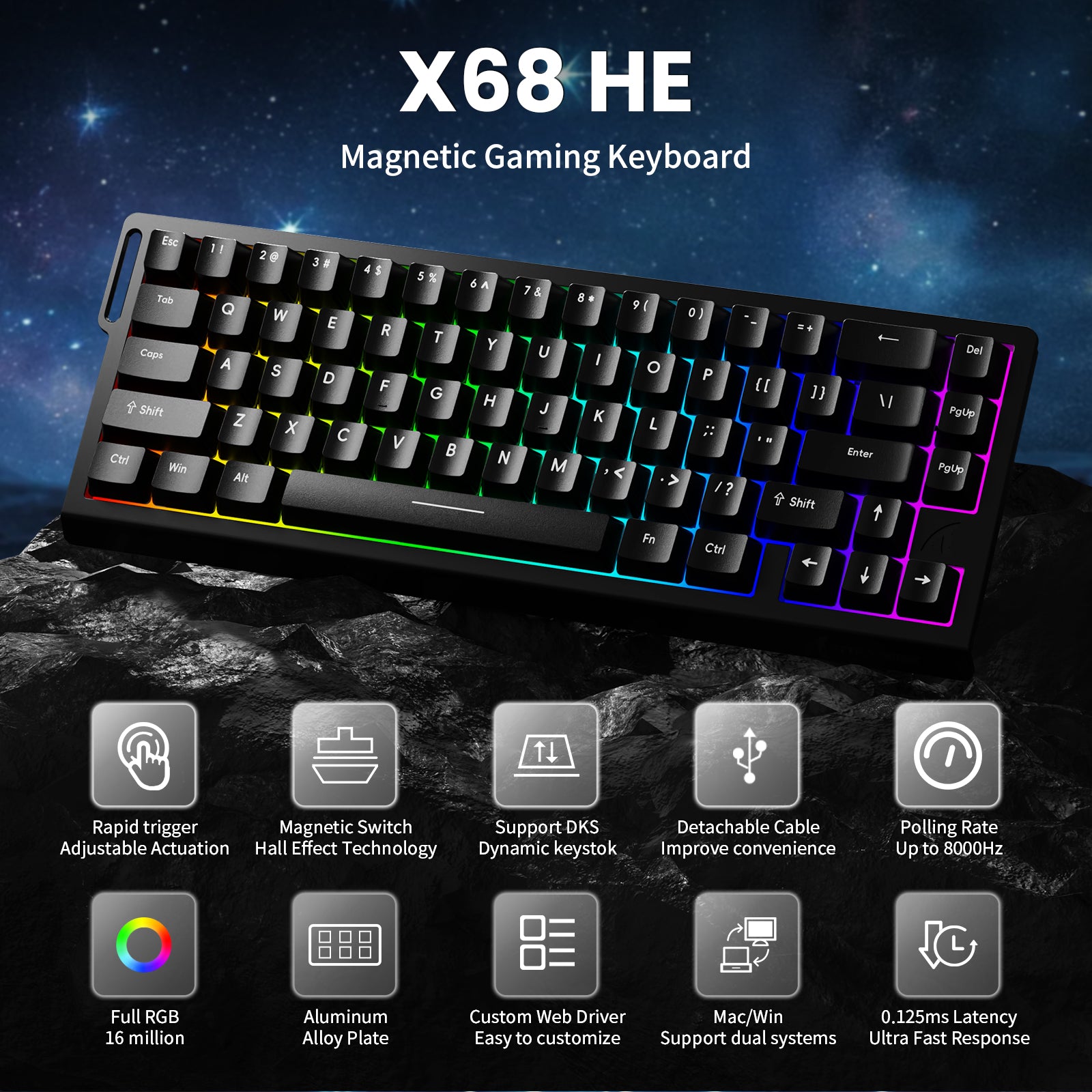 ATTACK SHARK X68 HE gaming keyboard with rapid trigger, RGB, Hall Effect switches, 0.125ms latency, and 8000Hz polling rate.