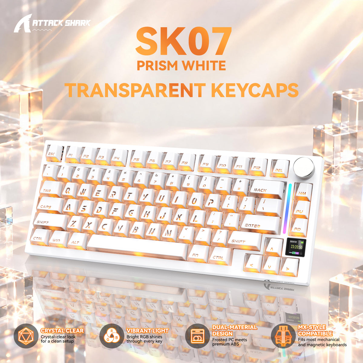 ATTACK SHARK SK07 – 131 touches, touches à rétroéclairage translucide Prism, ANSI, blanches