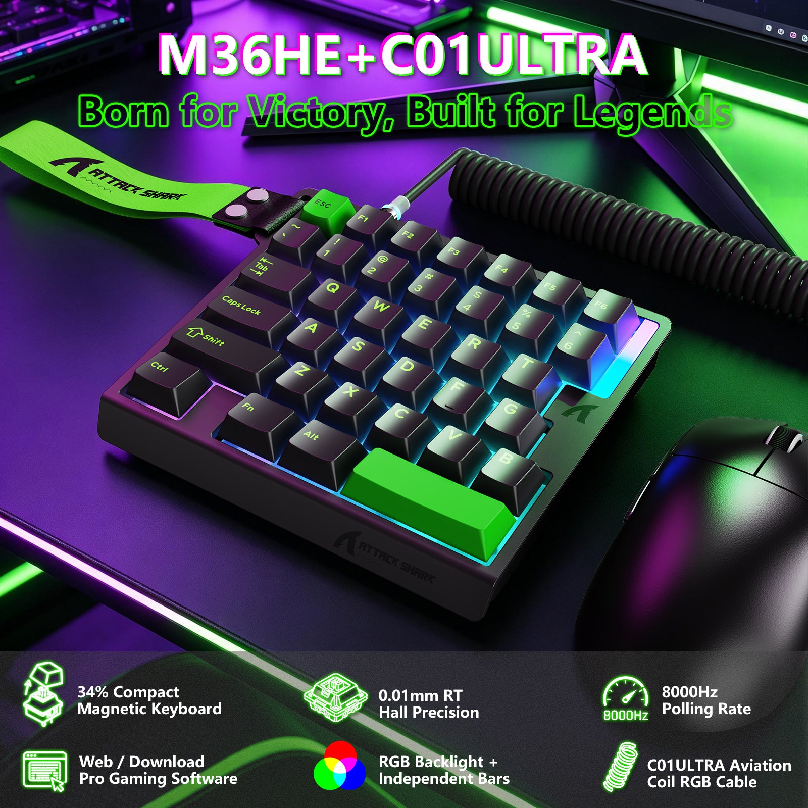Clavier à interrupteur magnétique à une main ATTACK SHARK M36 HE & câble Aviateur LED ULTRA C01