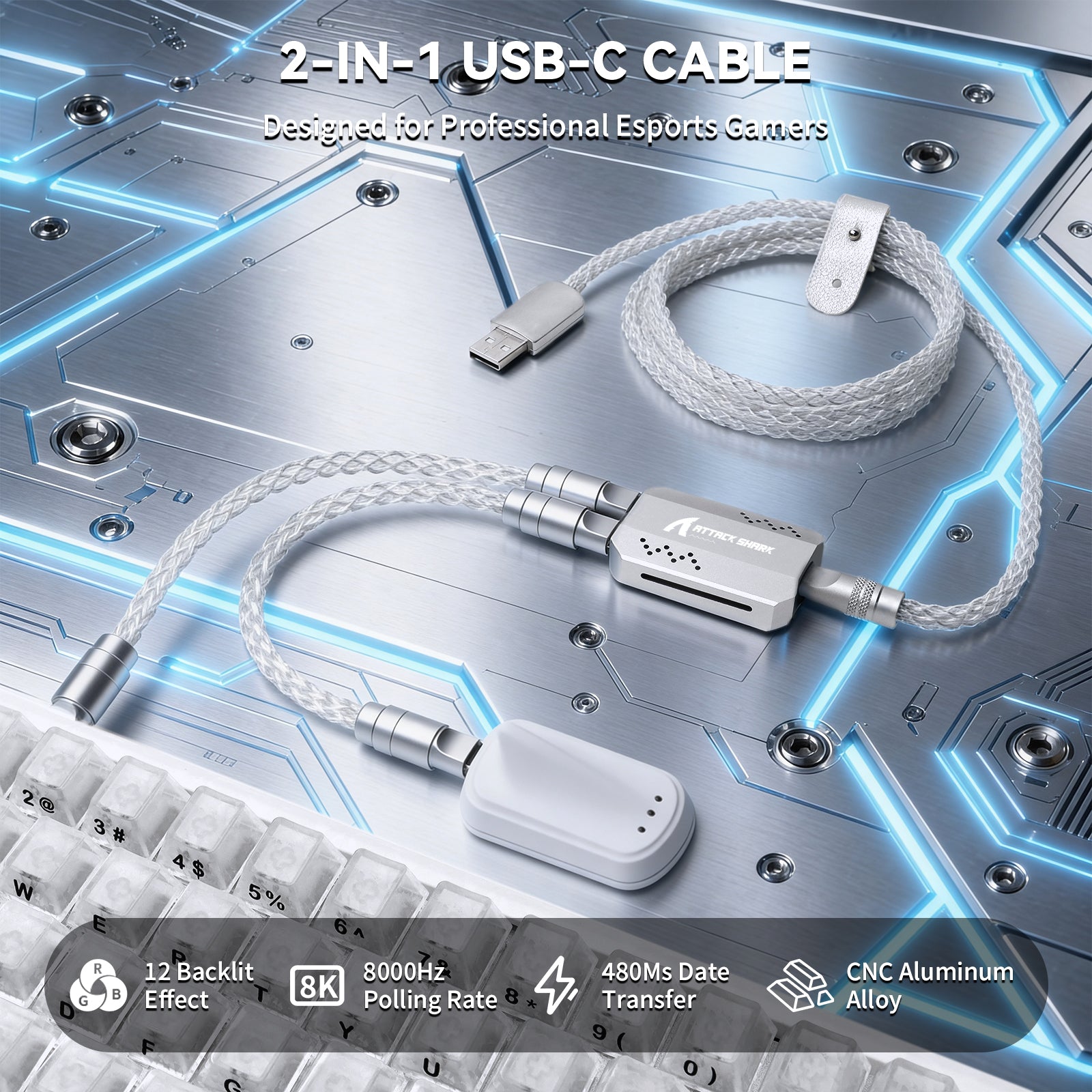Câble 2-en-1 Type C ATTACK SHARK C07 PRO pour Clavier/Souris Gaming 8KHz